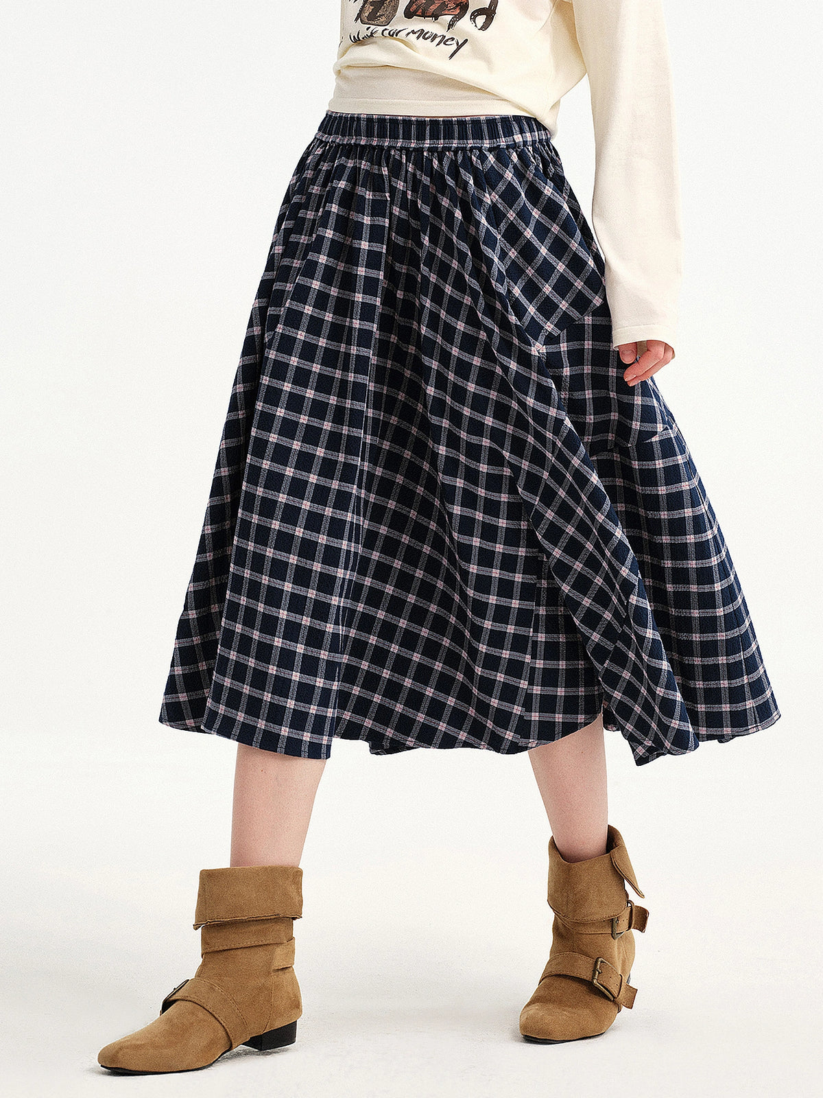 Outtheblue Navy Plaid Cat Graphic Midi Skirt | Canton Collective