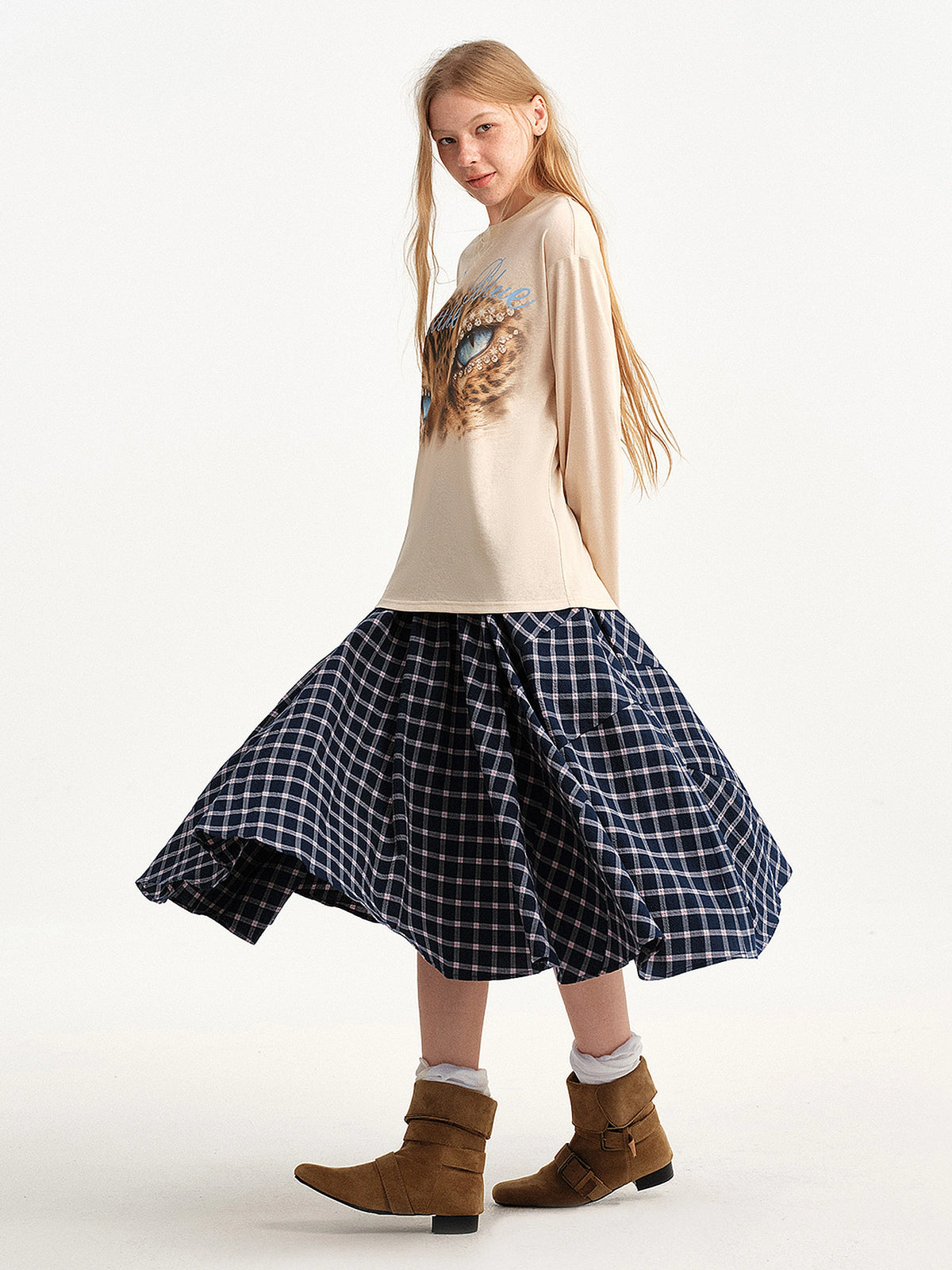 Outtheblue Navy Plaid Cat Graphic Midi Skirt | Canton Collective