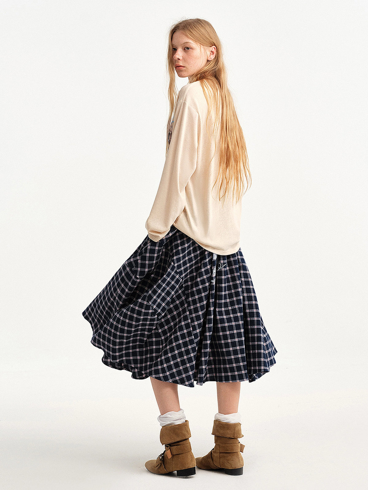 Outtheblue Navy Plaid Cat Graphic Midi Skirt | Canton Collective