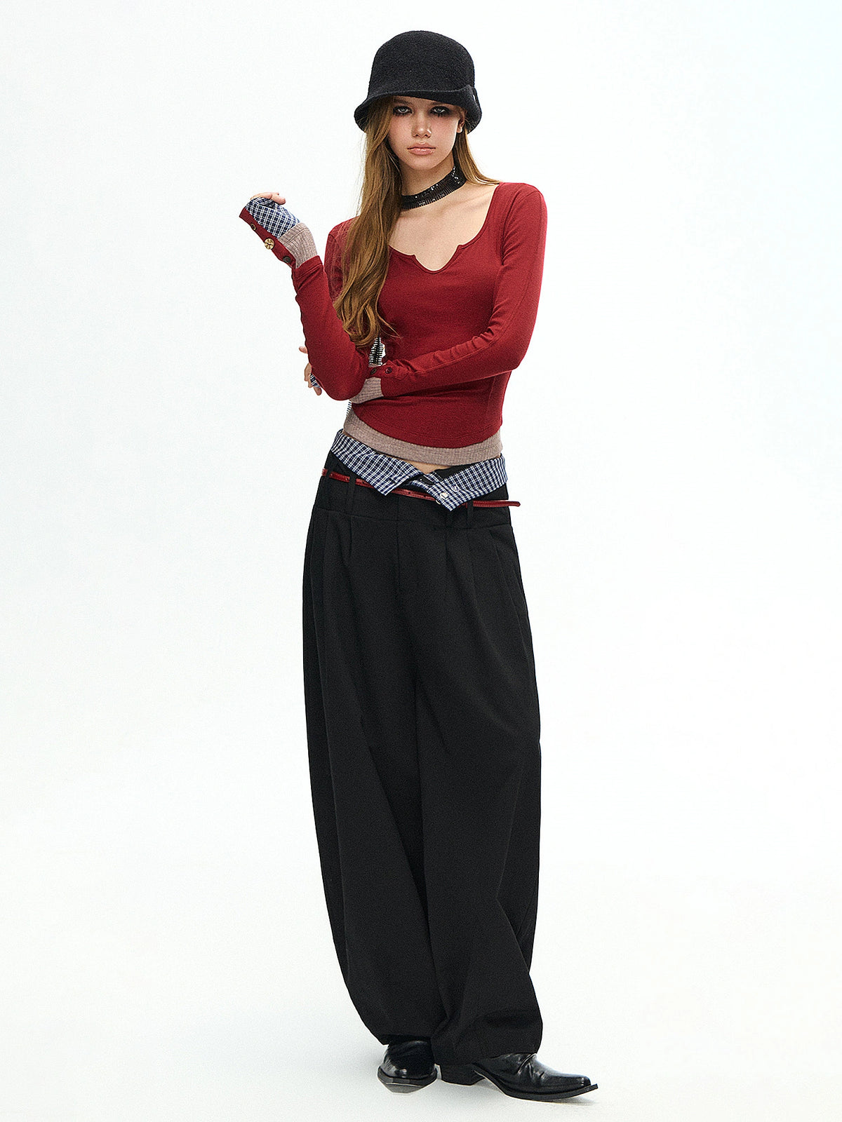 Deleteex Notched Neck Fitted Long Sleeve Layered Top | Canton Collective