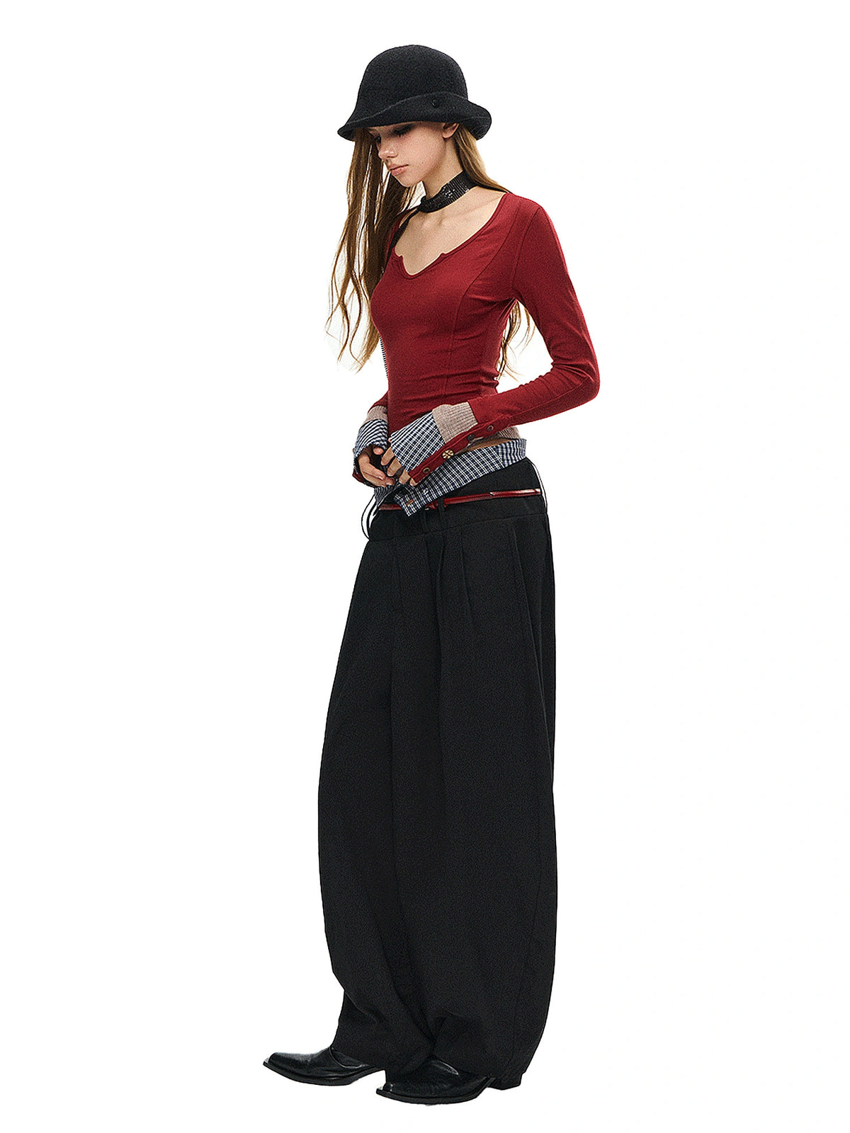 Deleteex Notched Neck Fitted Long Sleeve Layered Top | Canton Collective