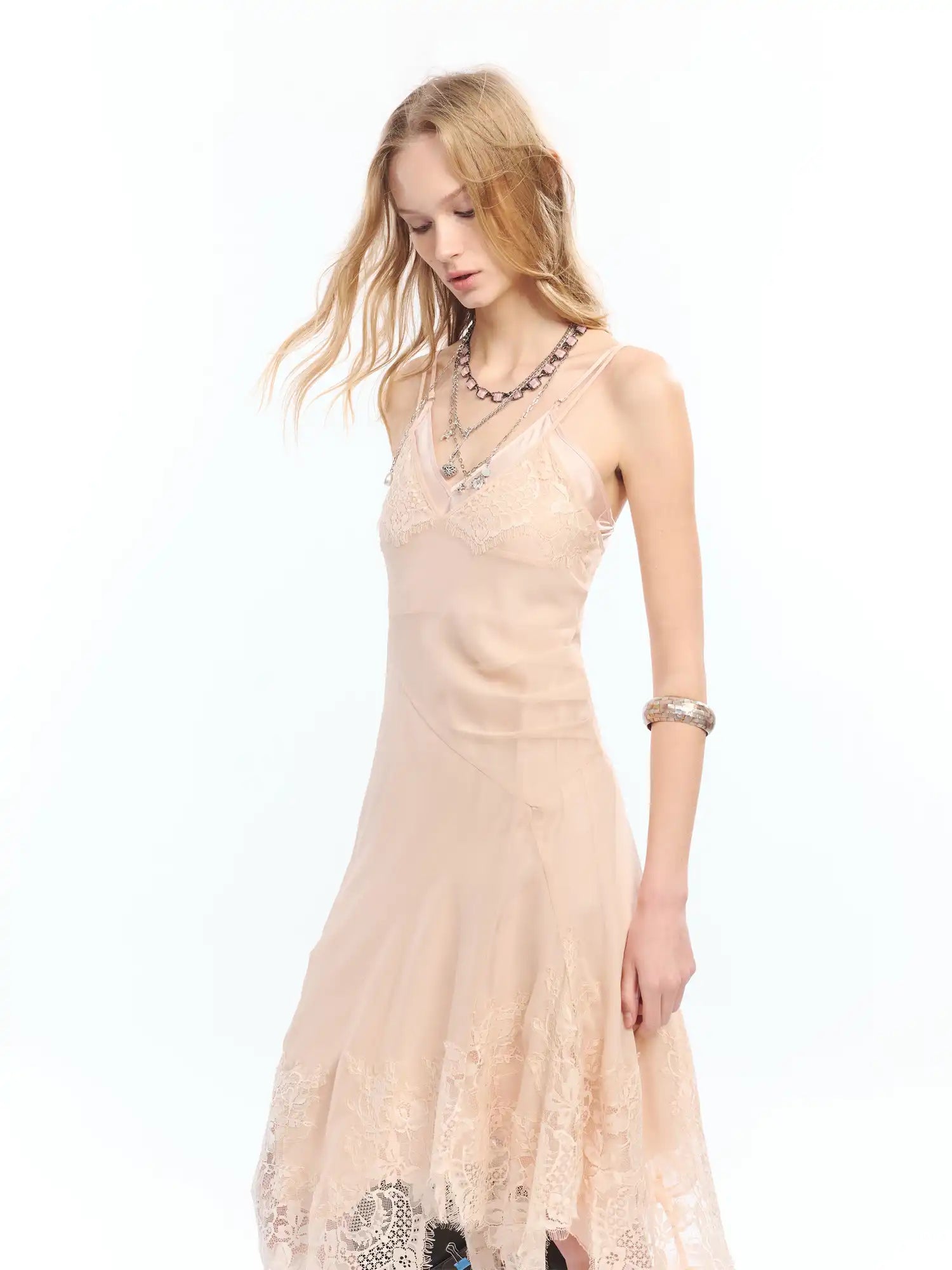 2th Desire Nude Pink Asymmetric Lace Trim Slip Dress | Canton Collective