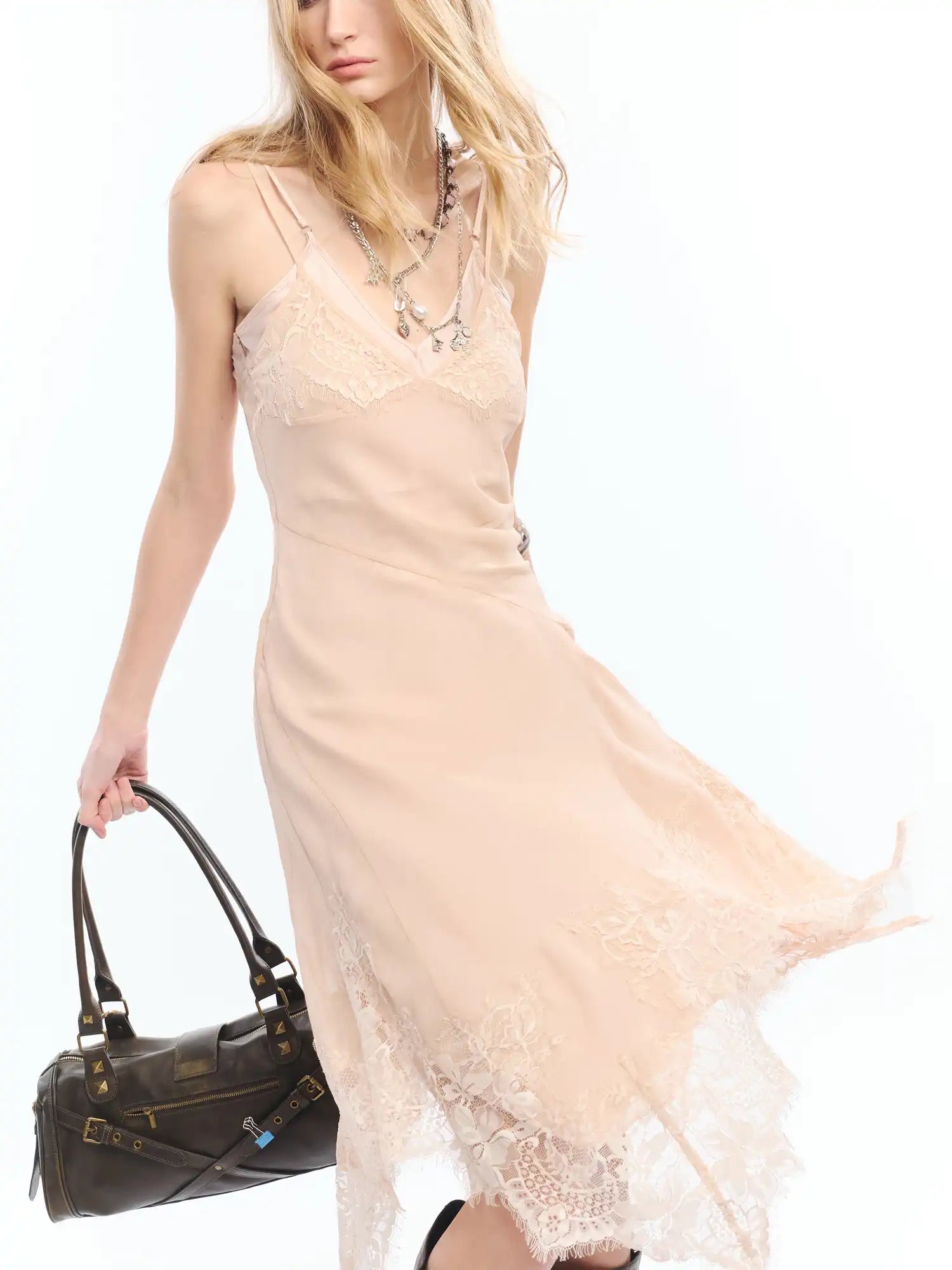 2th Desire Nude Pink Asymmetric Lace Trim Slip Dress | Canton Collective