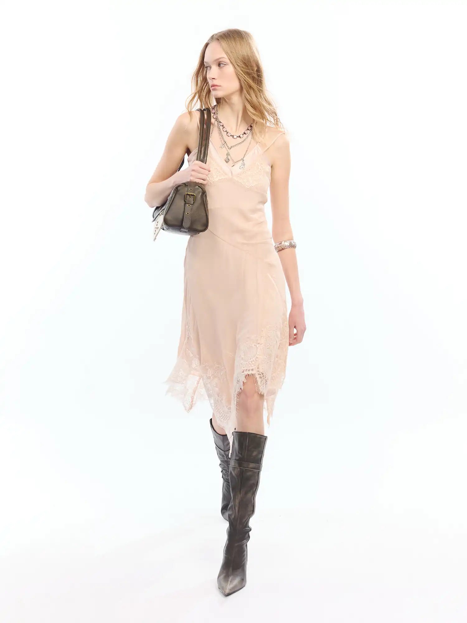 2th Desire Nude Pink Asymmetric Lace Trim Slip Dress | Canton Collective