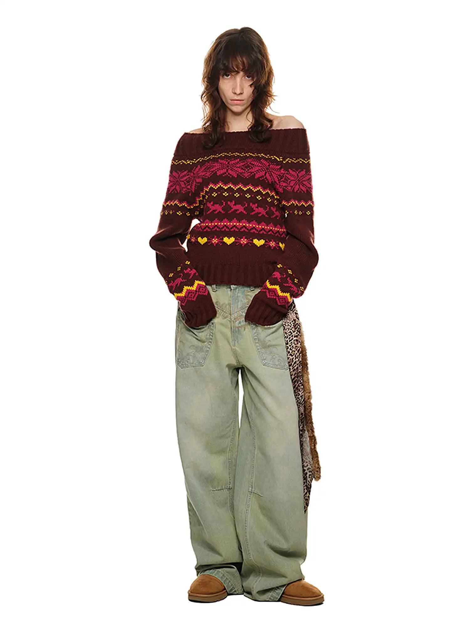1Jinn Studio Off-Shoulder Christmas Fair Isle Sweater | Canton Collective