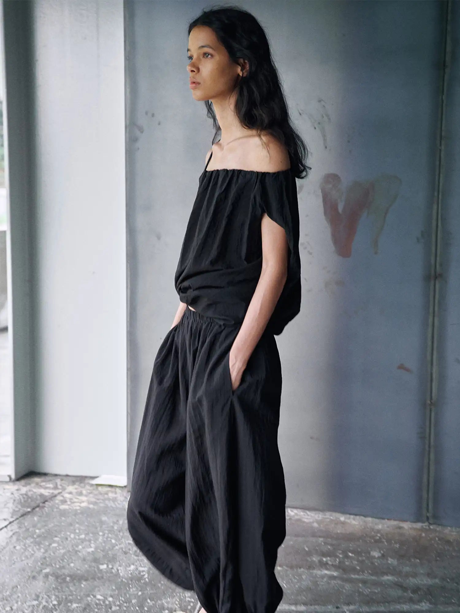 CantonCollective Design Off-Shoulder Linen Blouson Top with Elastic Neckline | Canton Collective