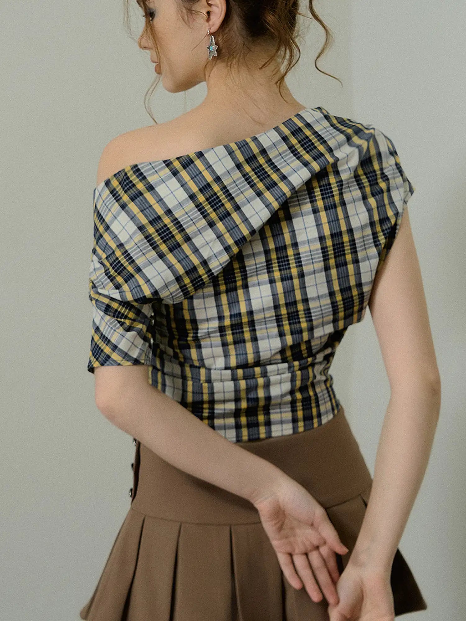 Deleteex Off-Shoulder Ruched Plaid Cowl Neck Top | Canton Collective