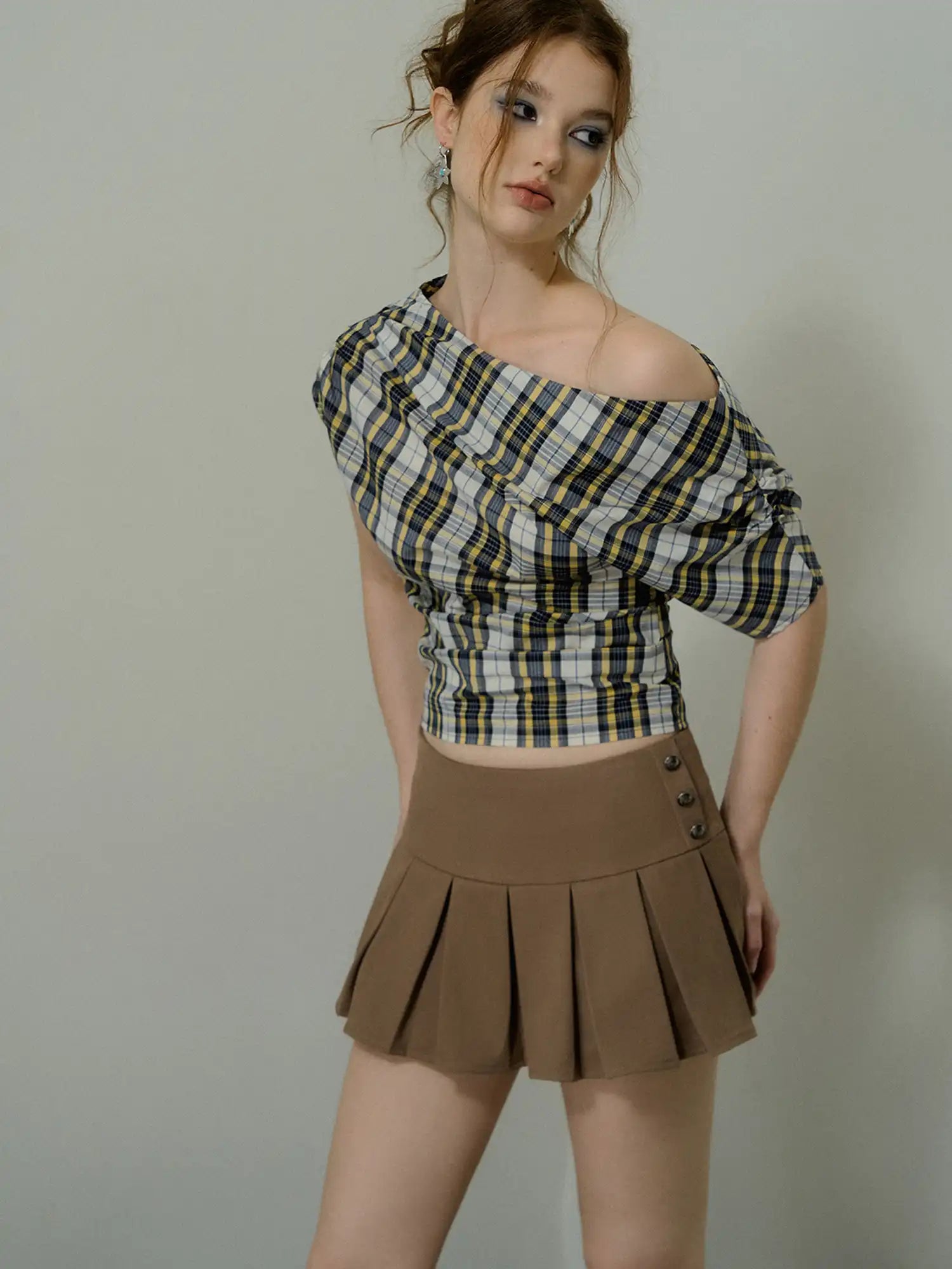 Deleteex Off-Shoulder Ruched Plaid Cowl Neck Top | Canton Collective