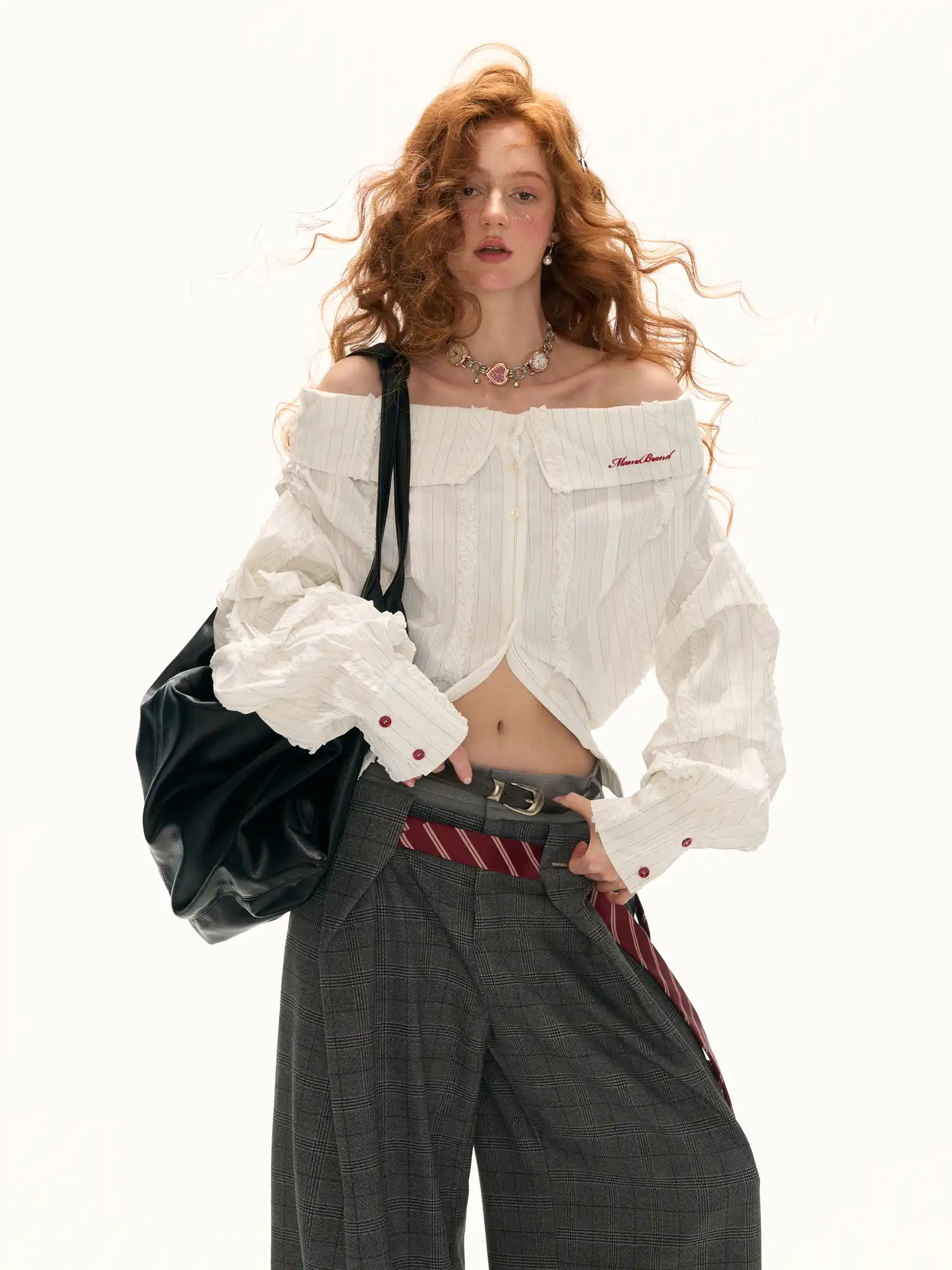MAMC Off Shoulder Fold Over Top Ruffle Trim Shirt | Canton Collective