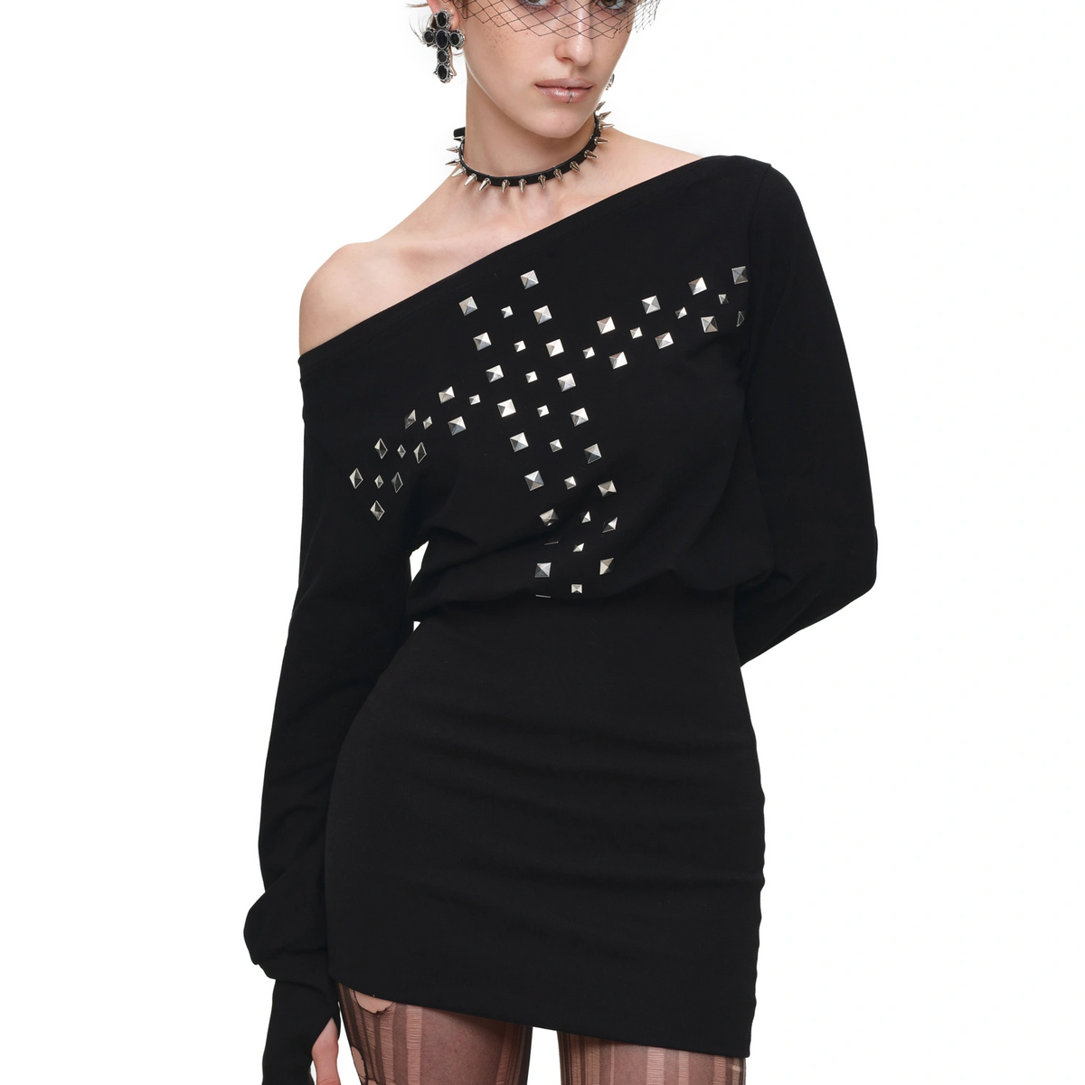 off the shoulder long sleeve bodycon dress Mini - Dresses off shoulder dress casual Simple black dress and material: poplin Long mesh sleeves Size:18/M