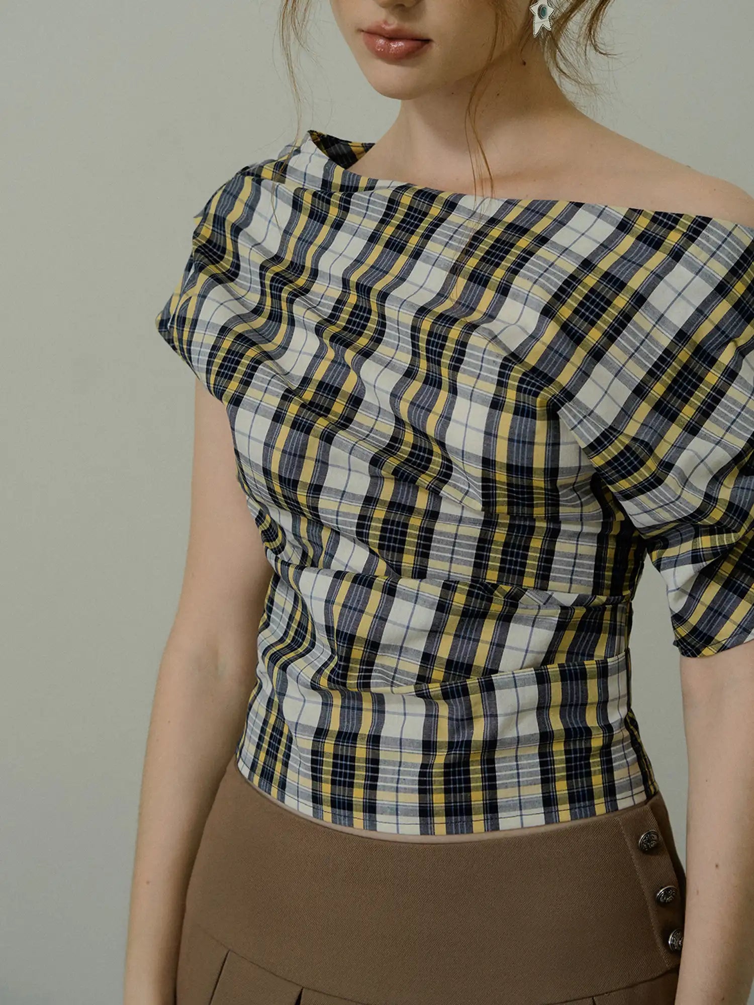 Deleteex Off Shoulder Ruched Gingham Crop Top | Canton Collective