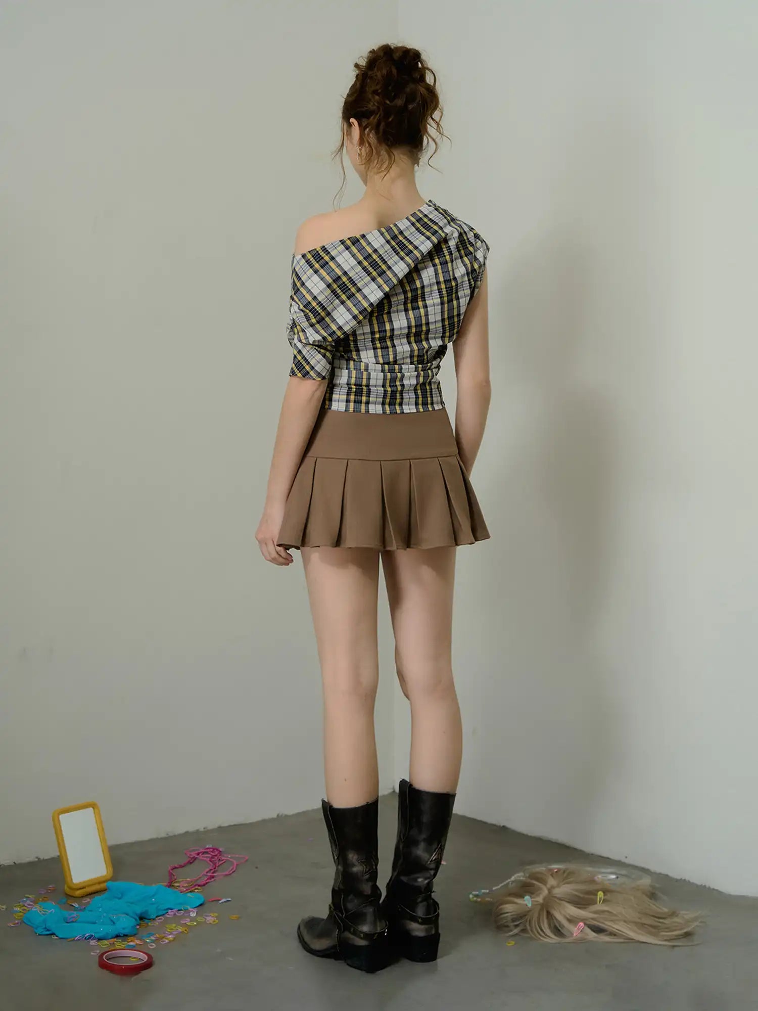 Deleteex Off Shoulder Ruched Gingham Crop Top | Canton Collective