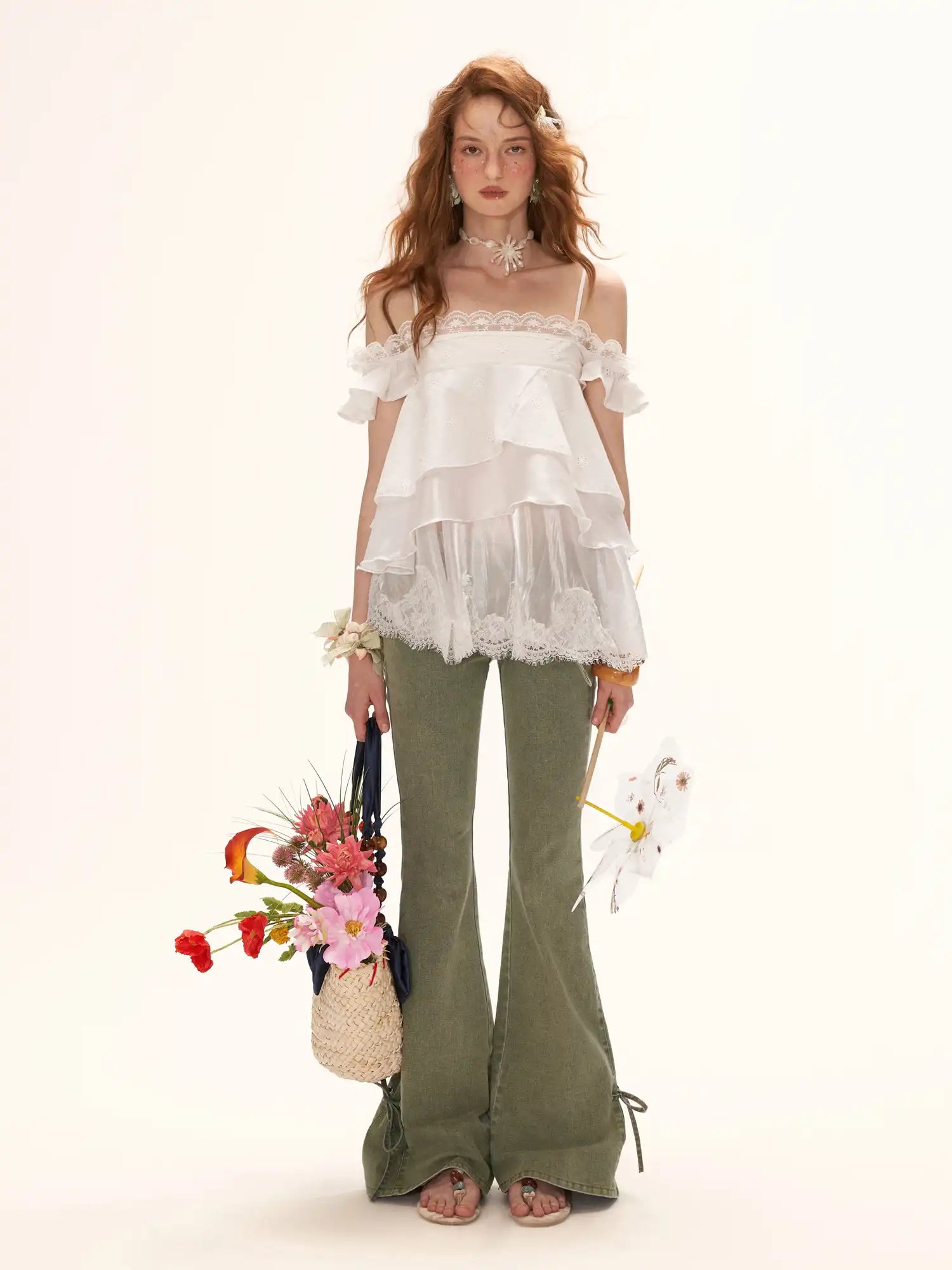 MAMC Off Shoulder Ruffle Hem White Mesh Top | Canton Collective
