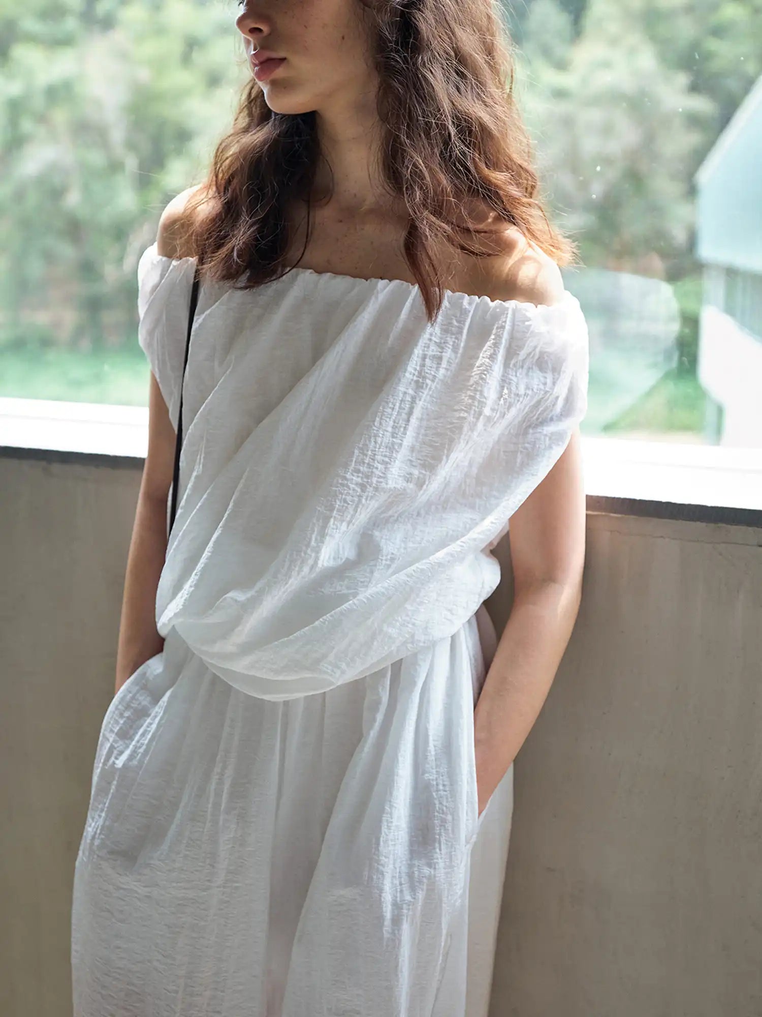 CantonCollective Design Off Shoulder Tencel Top with Ruched Neckline | Canton Collective