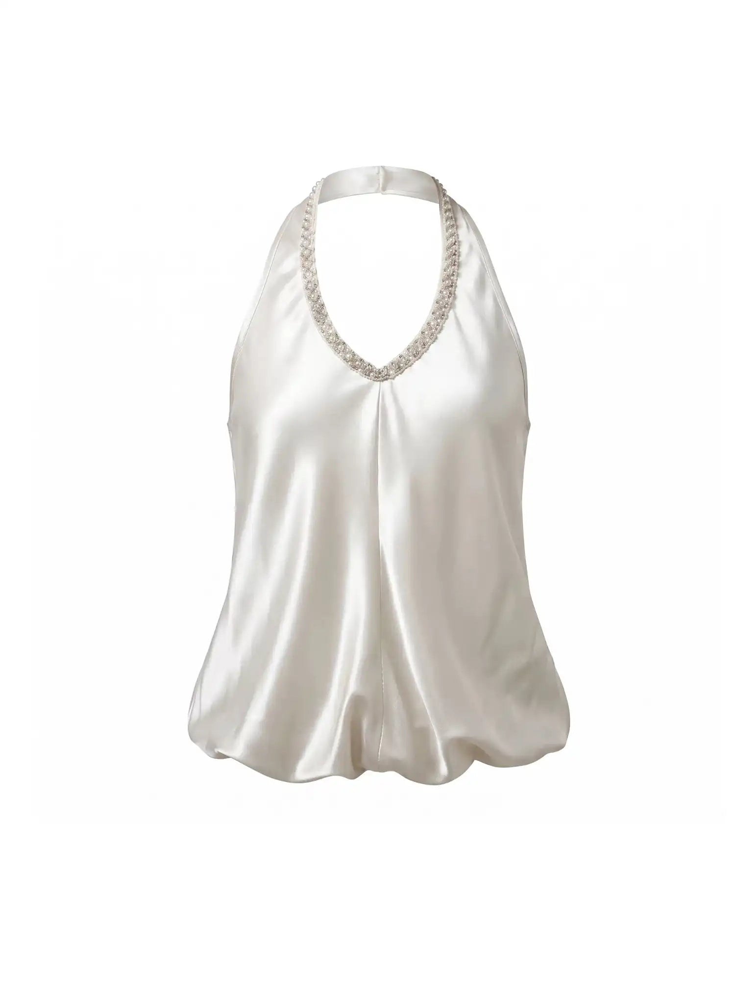 Muse Naps Pearl Trimmed Satin Bubble Halter Top | Canton Collective