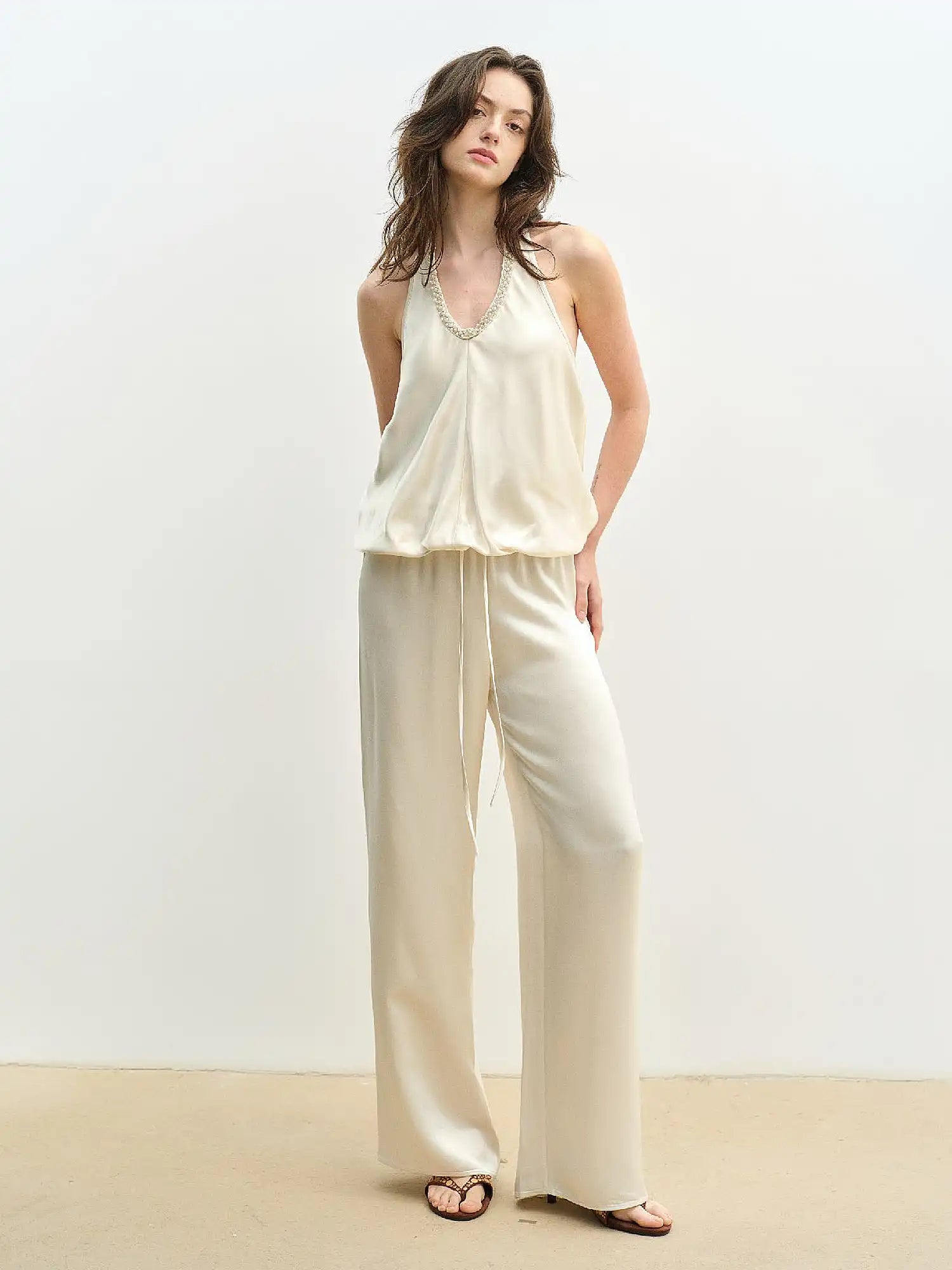 Muse Naps Pearl Trimmed Satin Bubble Halter Top | Canton Collective