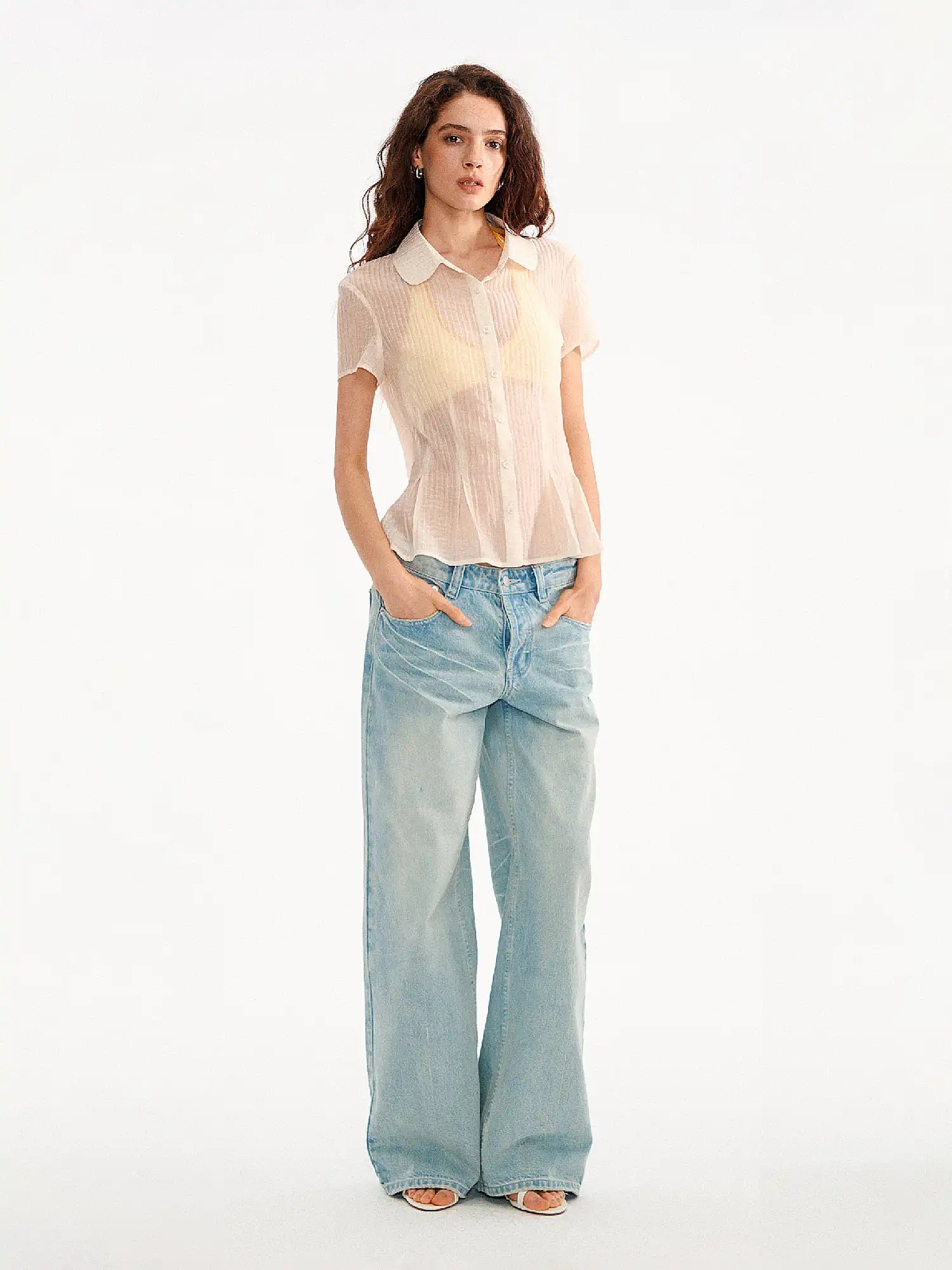 Muse Naps Peter Pan Collar Sheer Peplum Shirt Top | Canton Collective