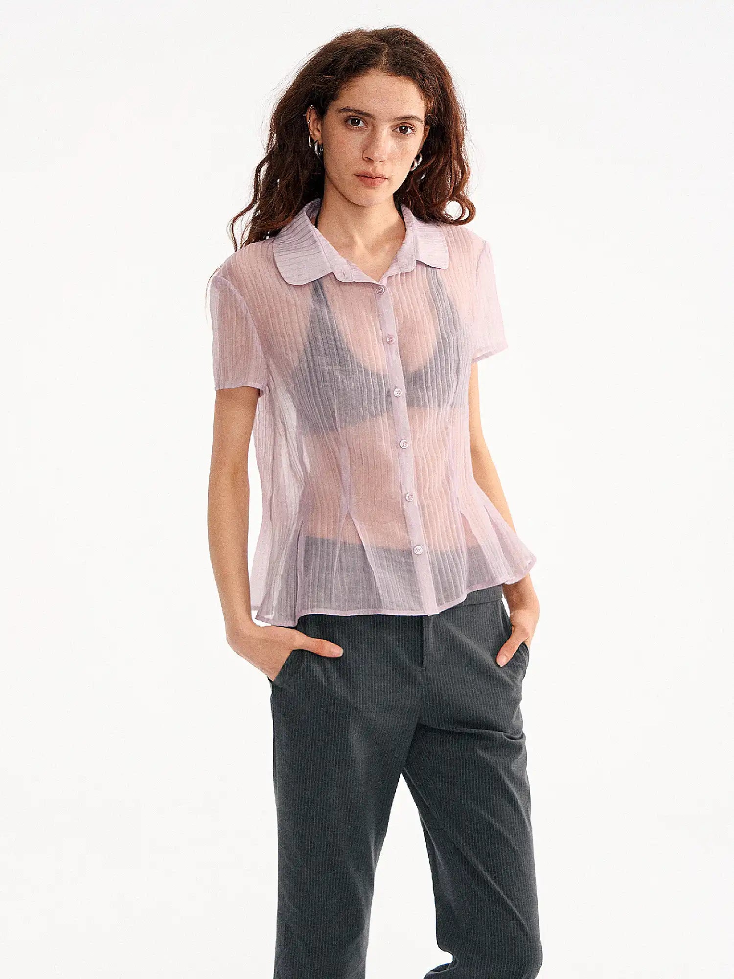 Muse Naps Peter Pan Collar Sheer Peplum Shirt Top | Canton Collective