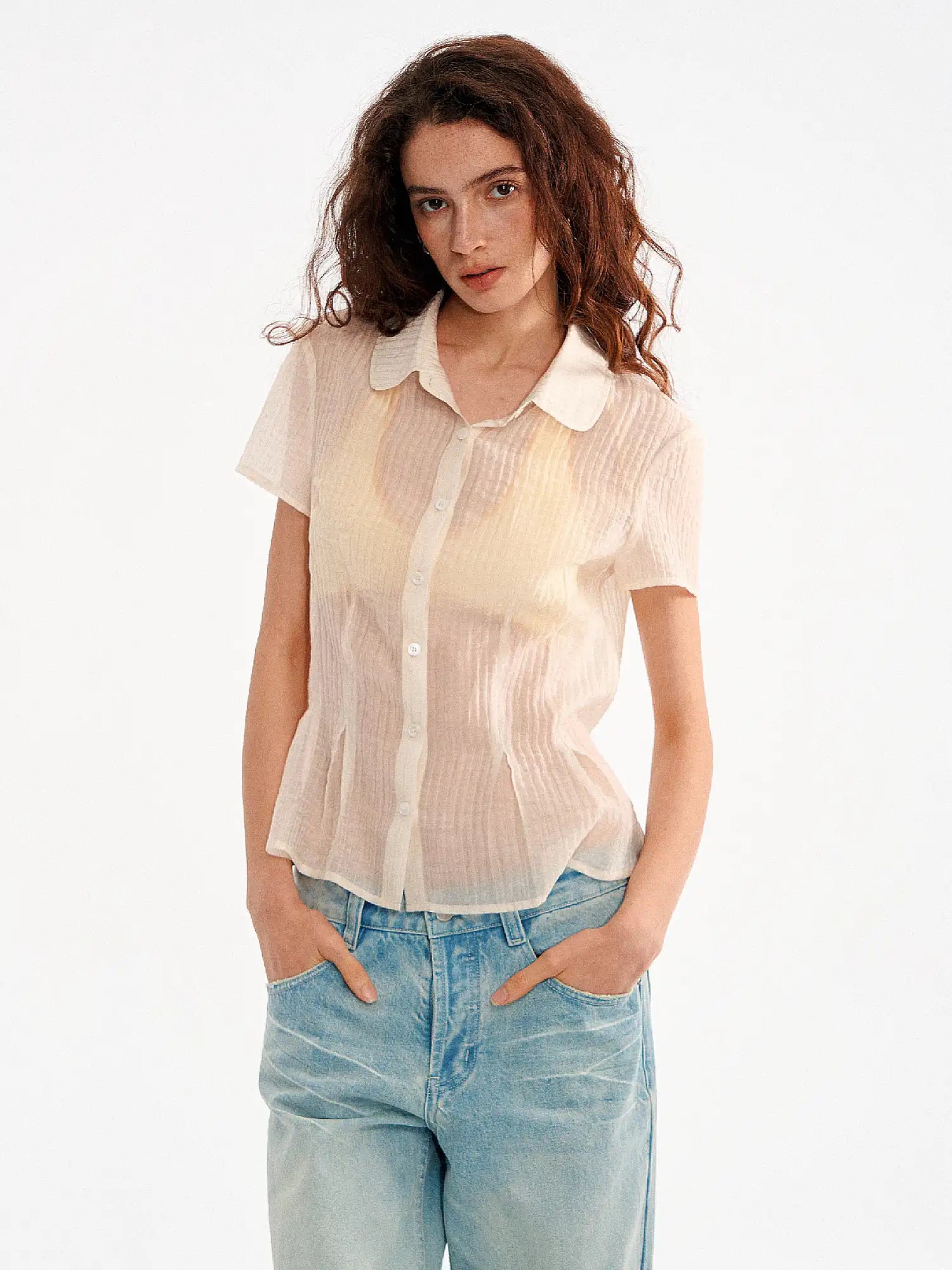 Muse Naps Peter Pan Collar Sheer Peplum Shirt Top | Canton Collective