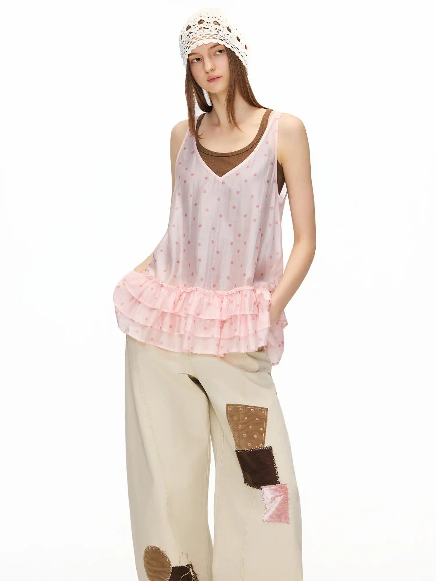 Outtheblue Pink Polka Dot Tiered Ruffle V-Neck Tank Dress | Canton Collective