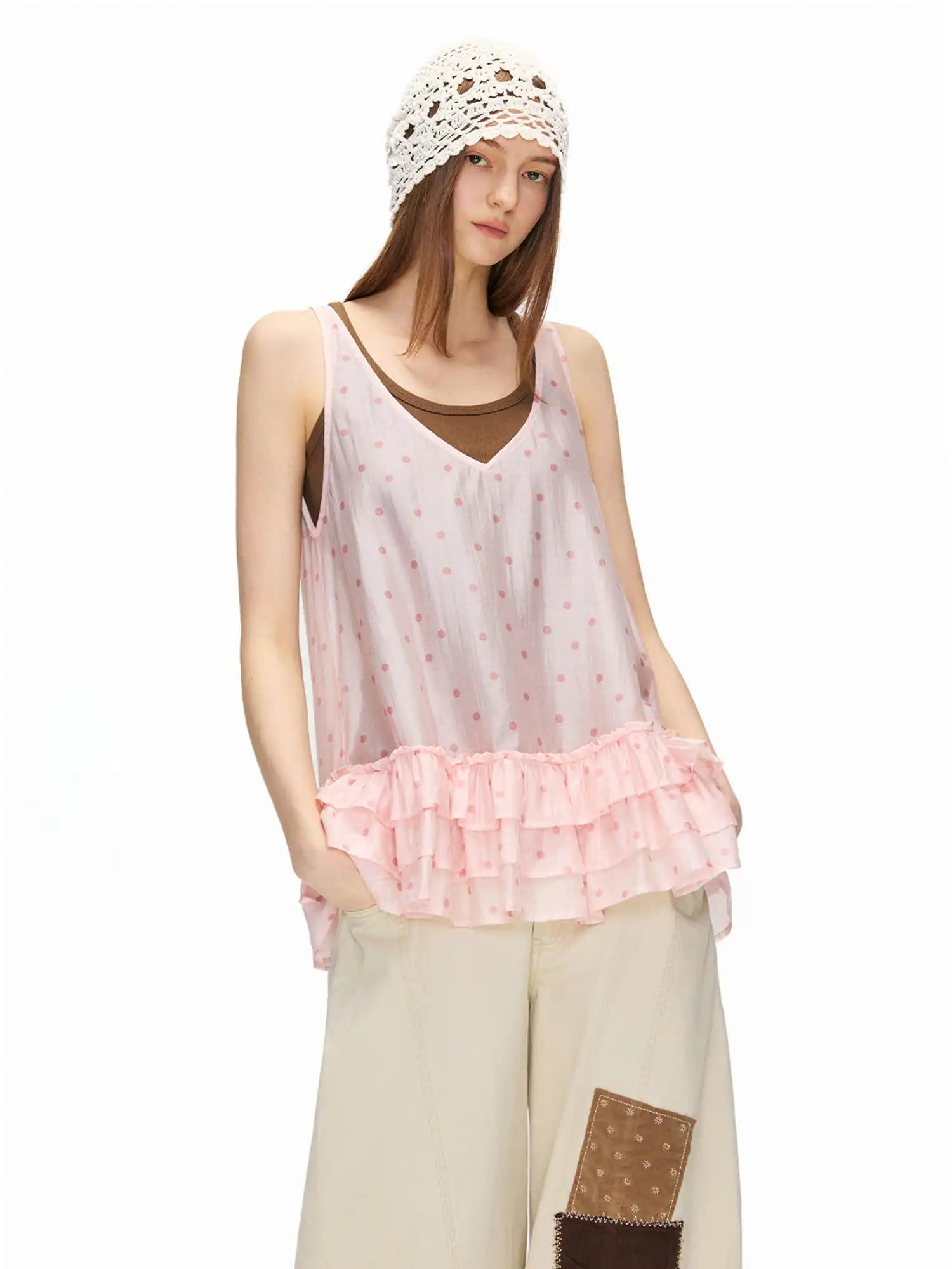 Outtheblue Pink Polka Dot Tiered Ruffle V-Neck Tank Dress | Canton Collective