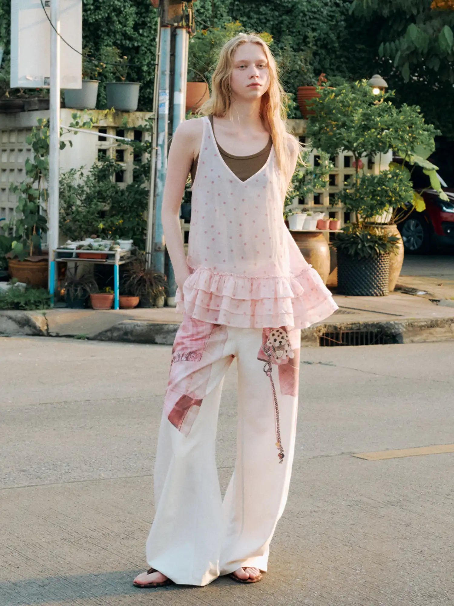 Outtheblue Pink Polka Dot Tiered Ruffle V-Neck Tank Dress | Canton Collective