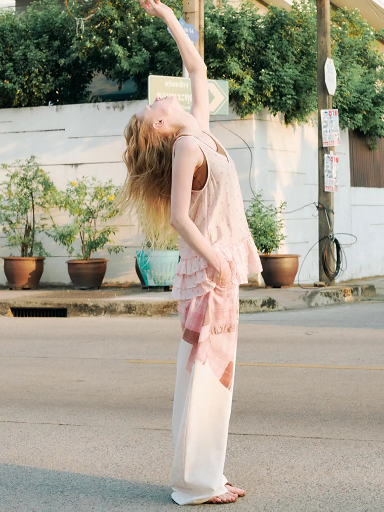 Outtheblue Pink Polka Dot Tiered Ruffle V-Neck Tank Dress | Canton Collective