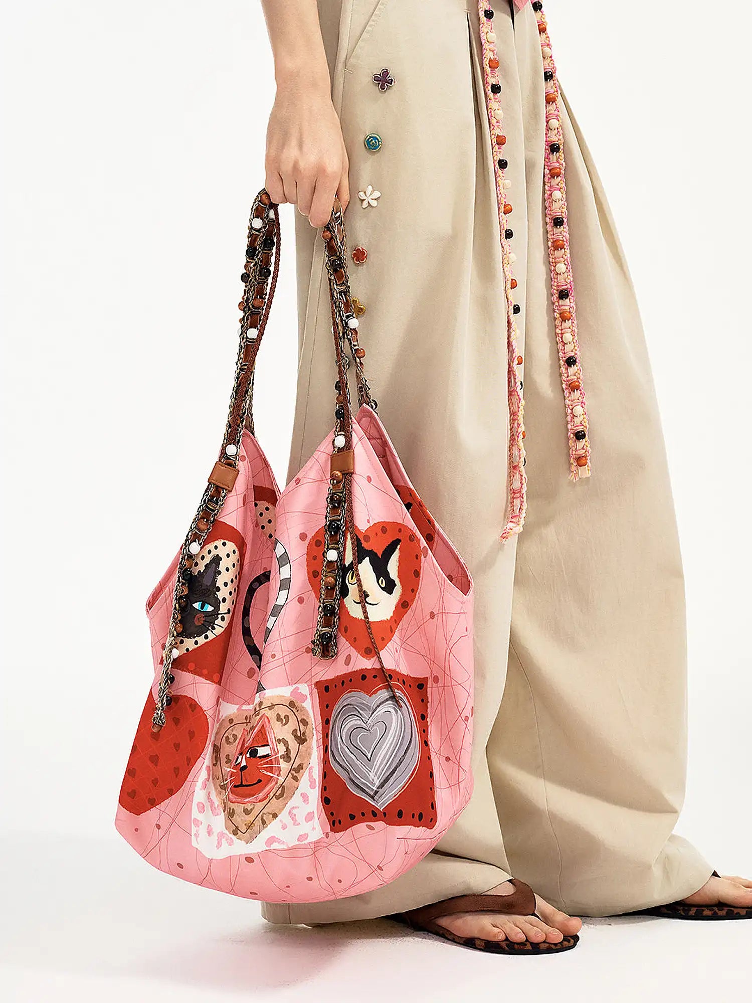 Outtheblue Pink Heart Cat Large Capacity Beaded Tote Bag | Canton Collective