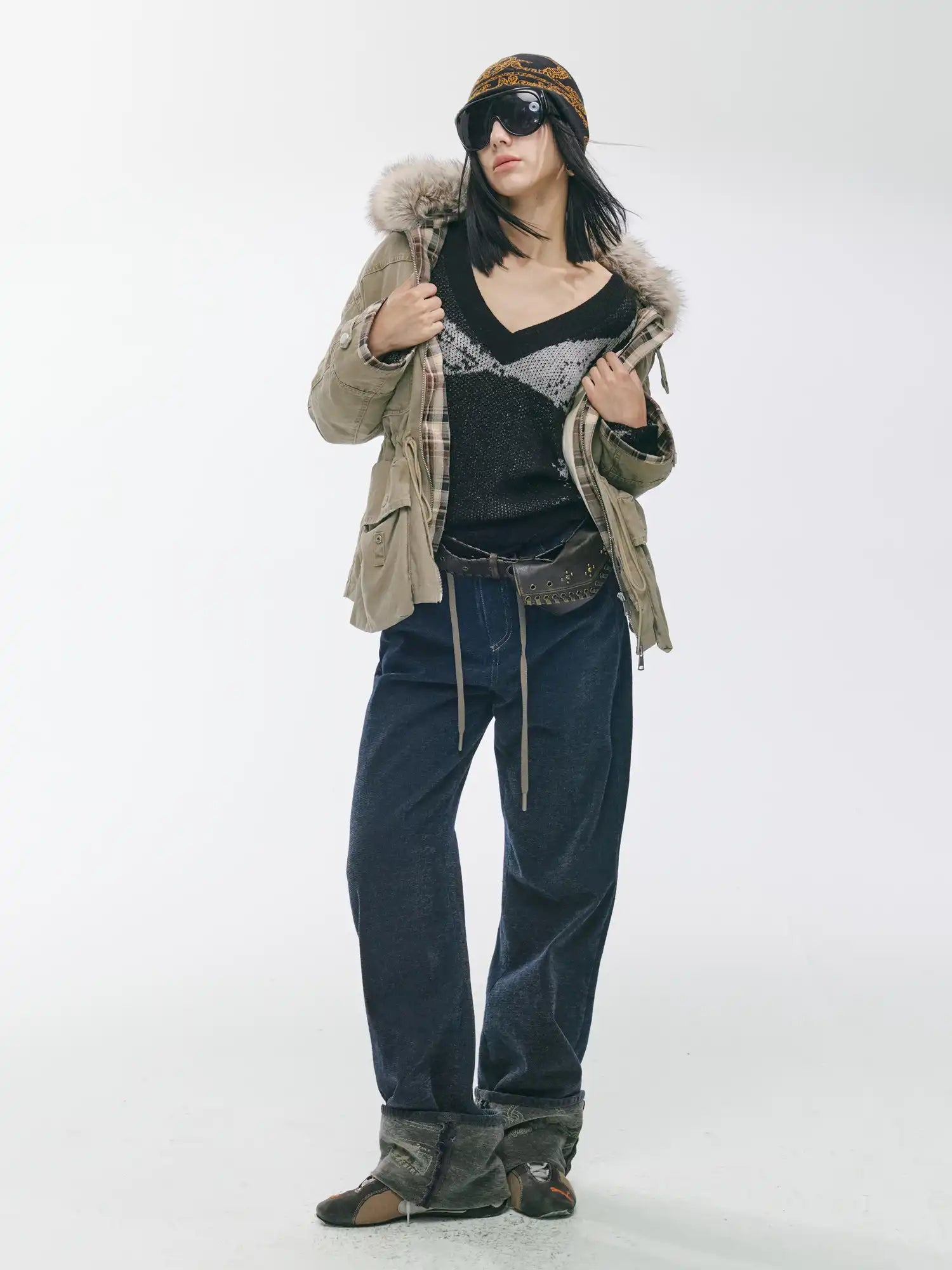 2th Desire Plaid Patchwork Multi-Pocket Down Jacket | Canton Collective