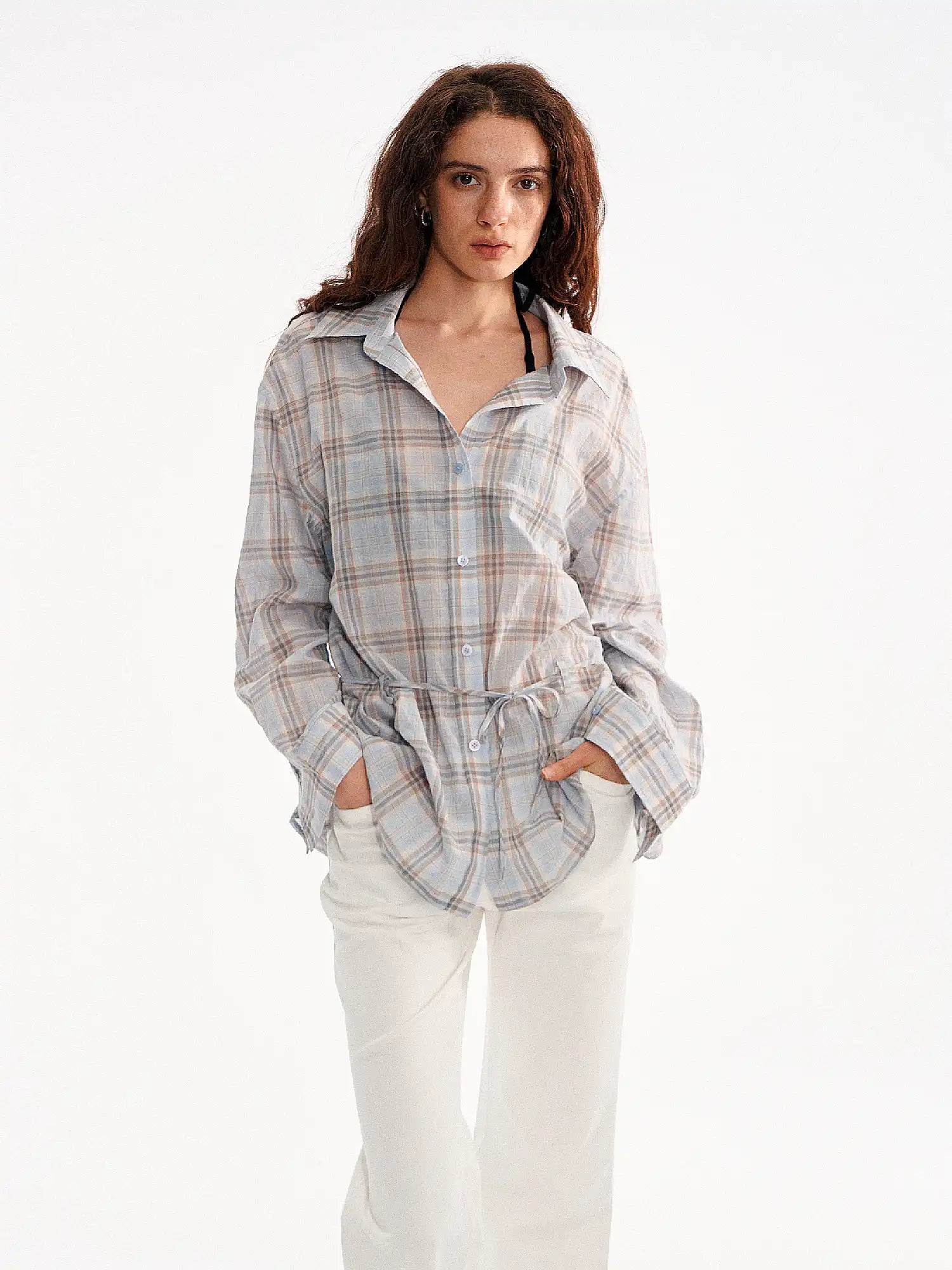 Muse Naps Plaid Tie Waist Long sleeves Shirt | Canton Collective