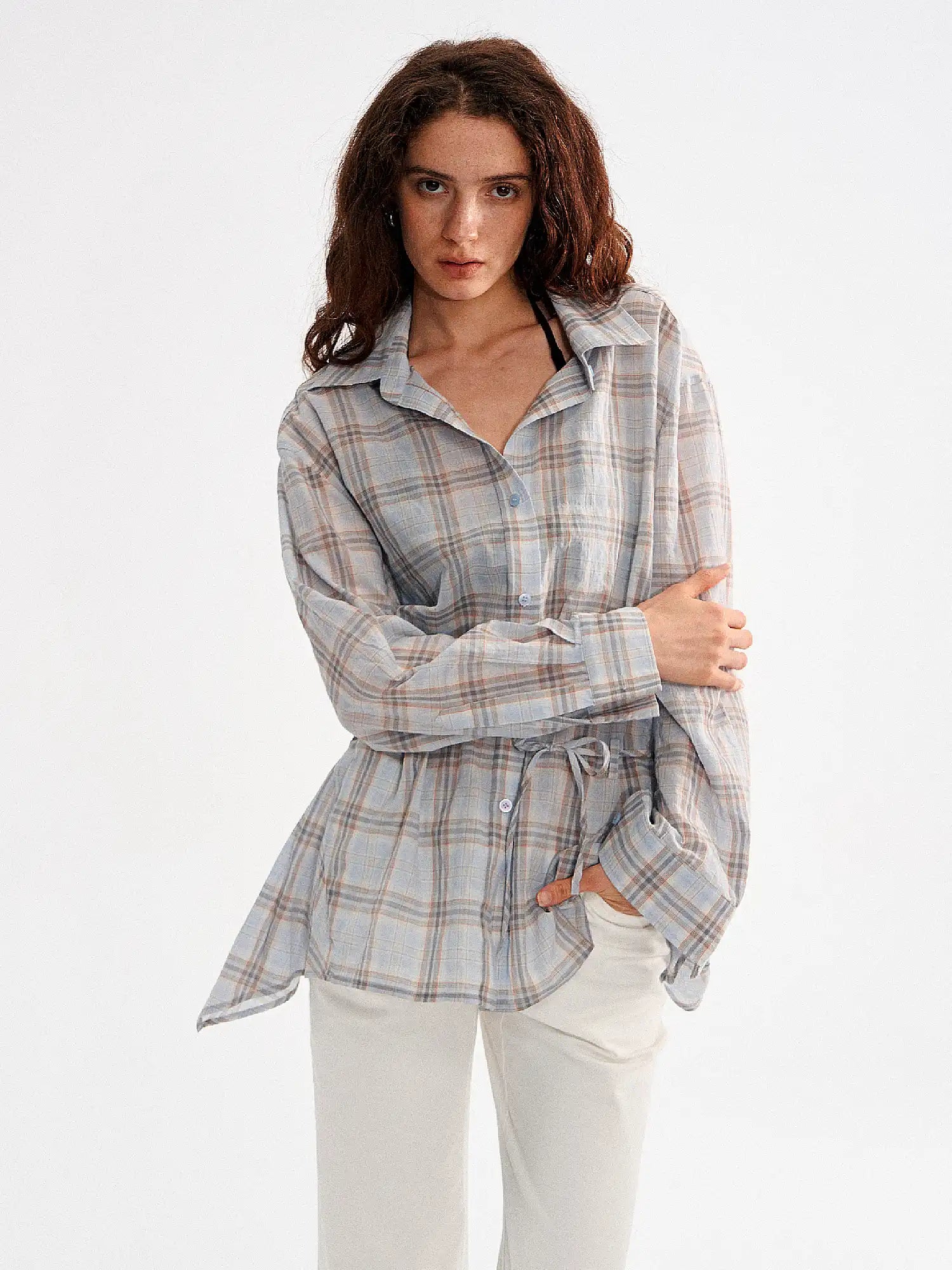 Muse Naps Plaid Tie Waist Long sleeves Shirt | Canton Collective
