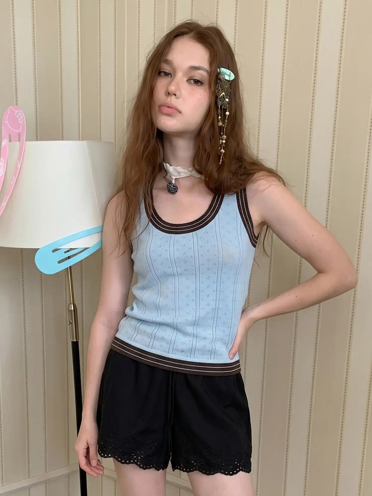 CantonCollective Design Pointelle Knit Top with Contrast Trim Sleeveless | Canton Collective