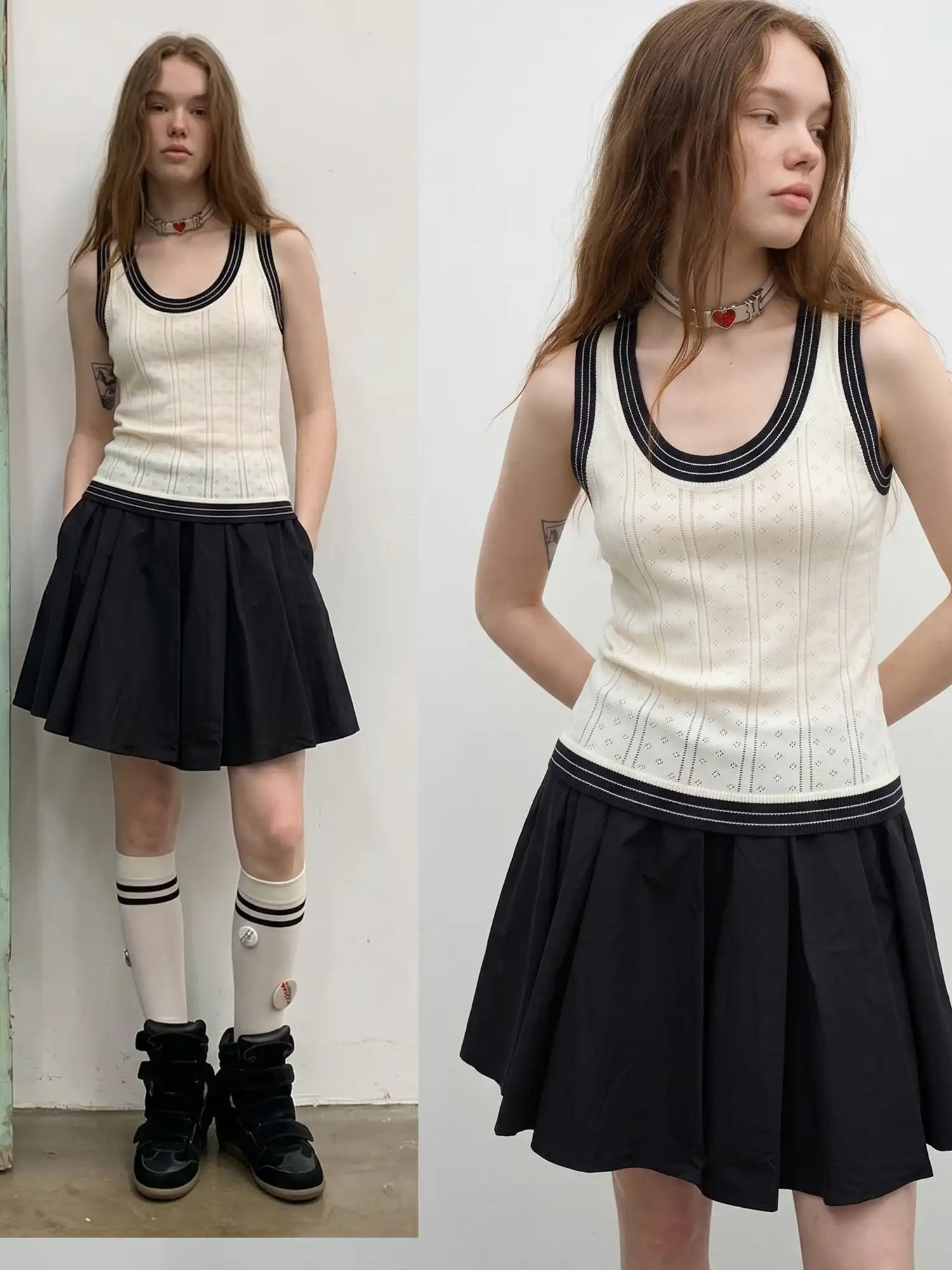 CantonCollective Design Pointelle Knit Top with Contrast Trim Sleeveless | Canton Collective
