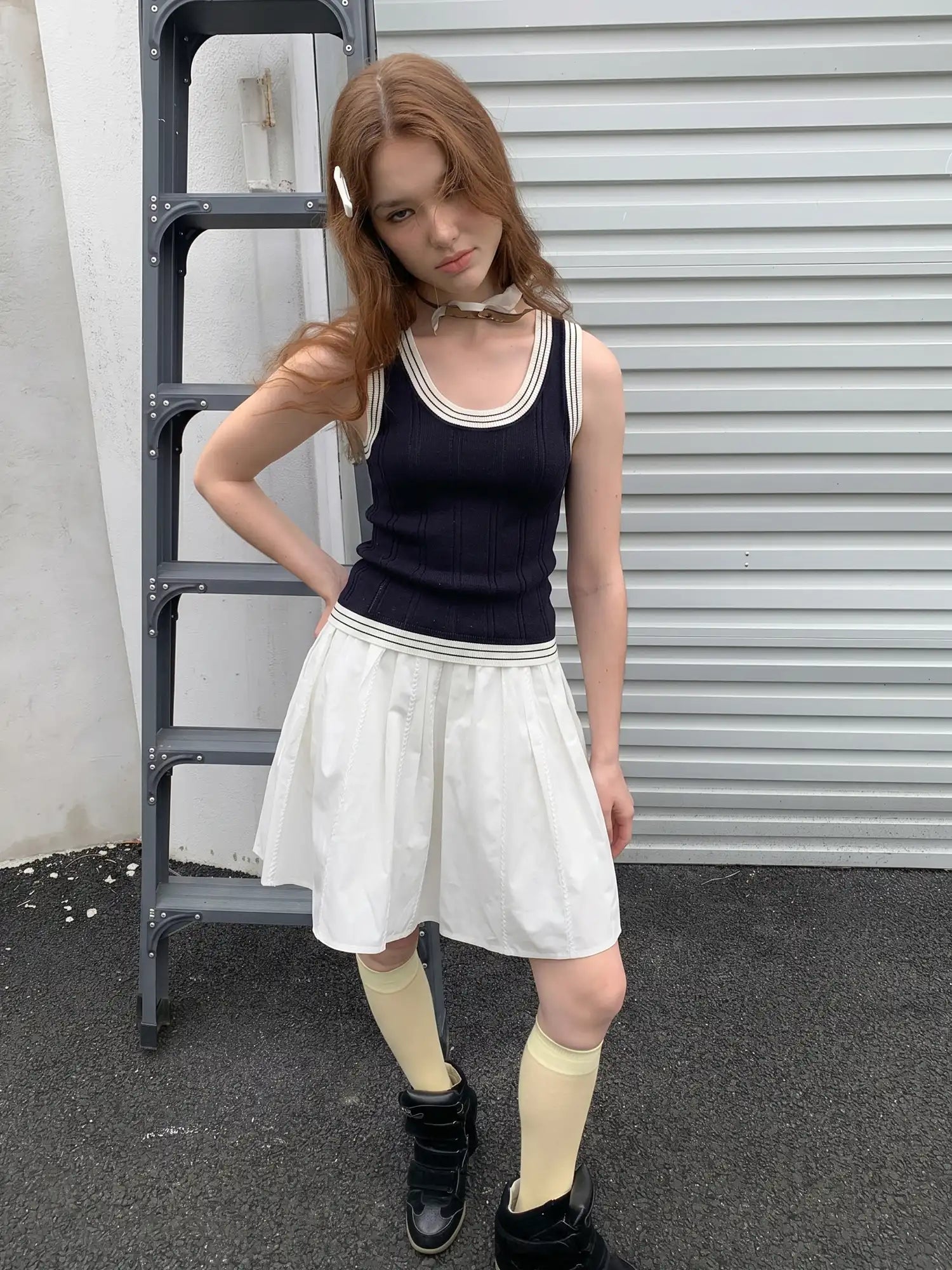 CantonCollective Design Pointelle Knit Top with Contrast Trim Sleeveless | Canton Collective