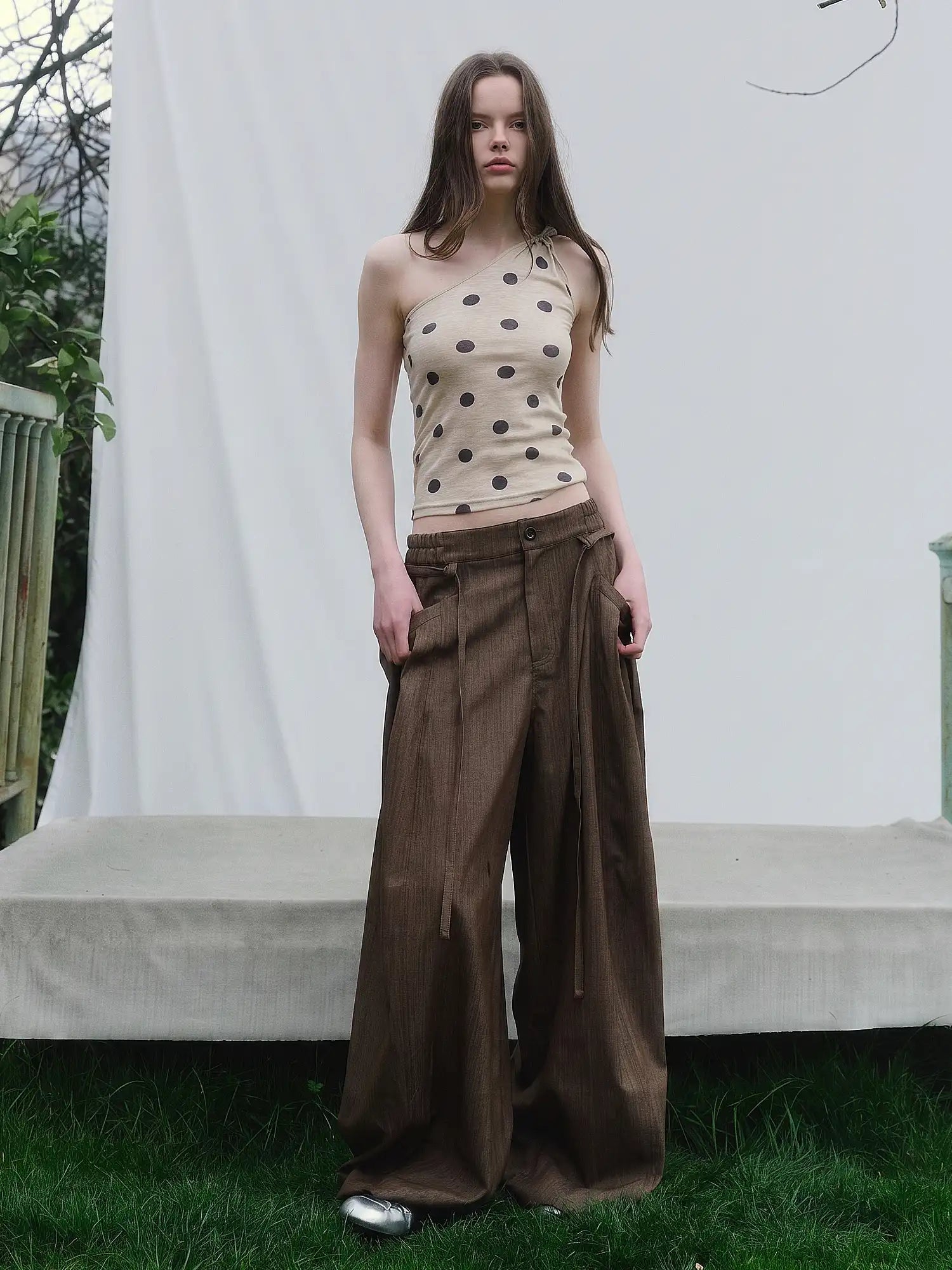 CantonCollective Design Polka Dot Knotted Asymmetrical One Shoulder Top | Canton Collective