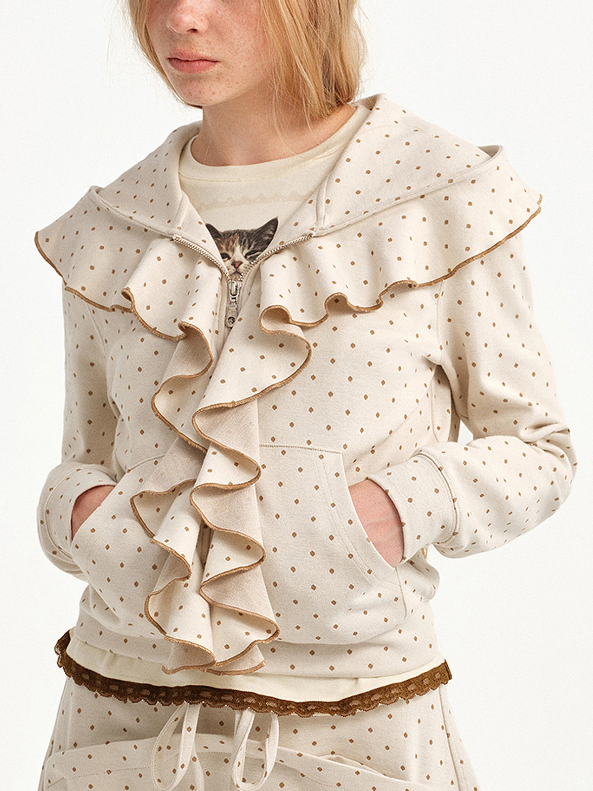 Outtheblue Polka Dot Ruffle Zip Up Cropped Hoodie | Canton Collective