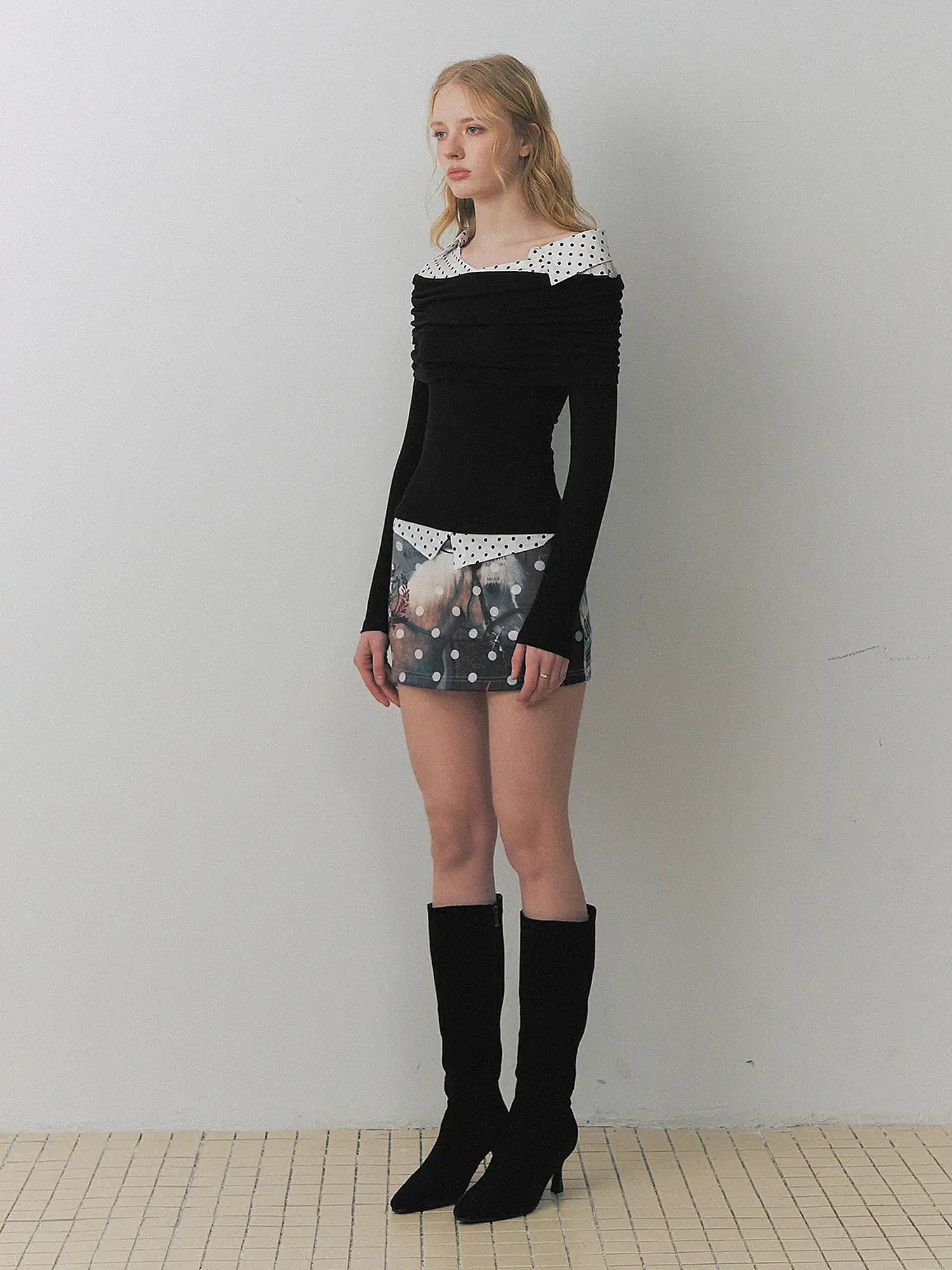 Deleteex Polka Dot Shirt Docking Off-Shoulder Knit Top | Canton Collective