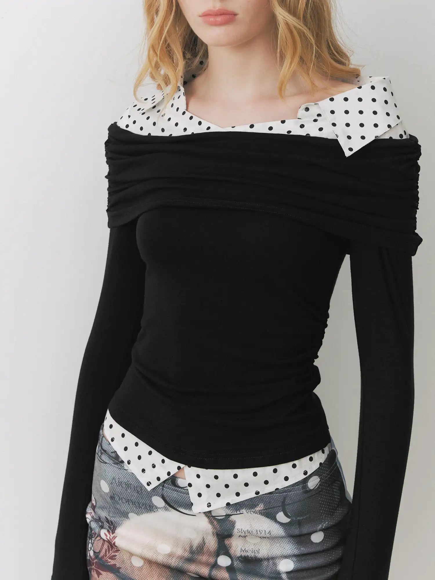 Deleteex Polka Dot Shirt Docking Off-Shoulder Knit Top | Canton Collective
