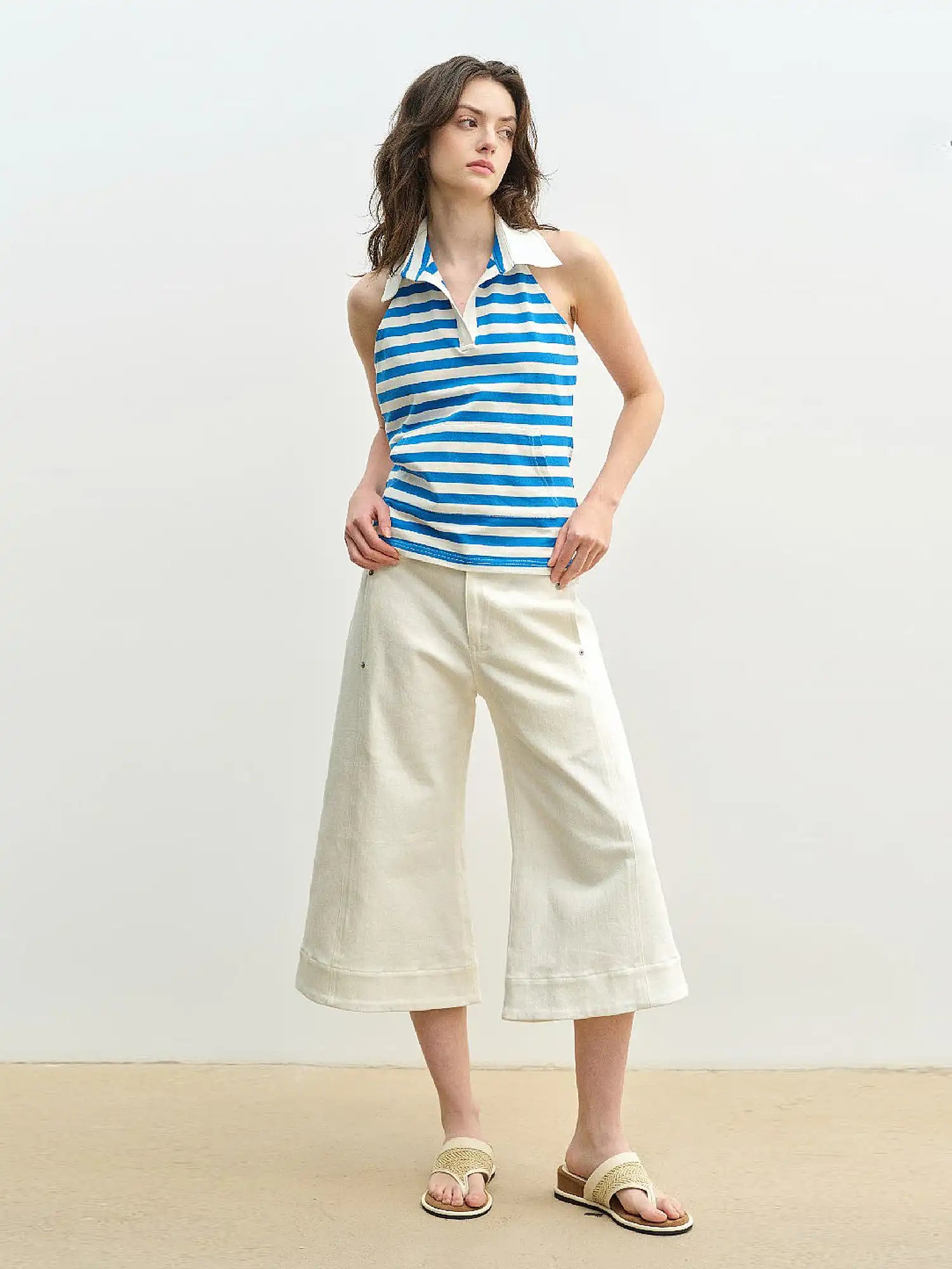 Muse Naps Polo Collar Striped Halter Open Back Top | Canton Collective