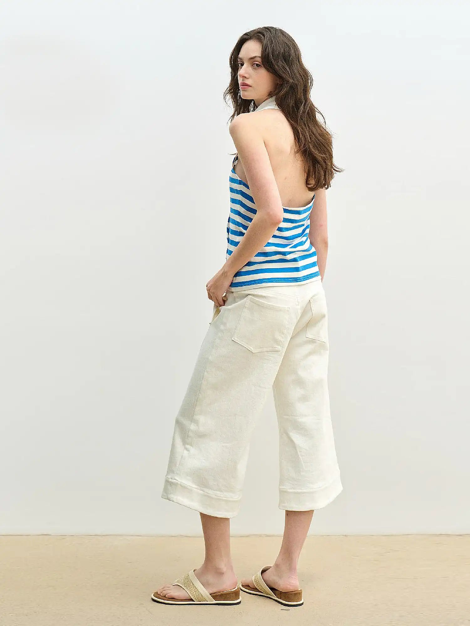 Muse Naps Polo Collar Striped Halter Open Back Top | Canton Collective