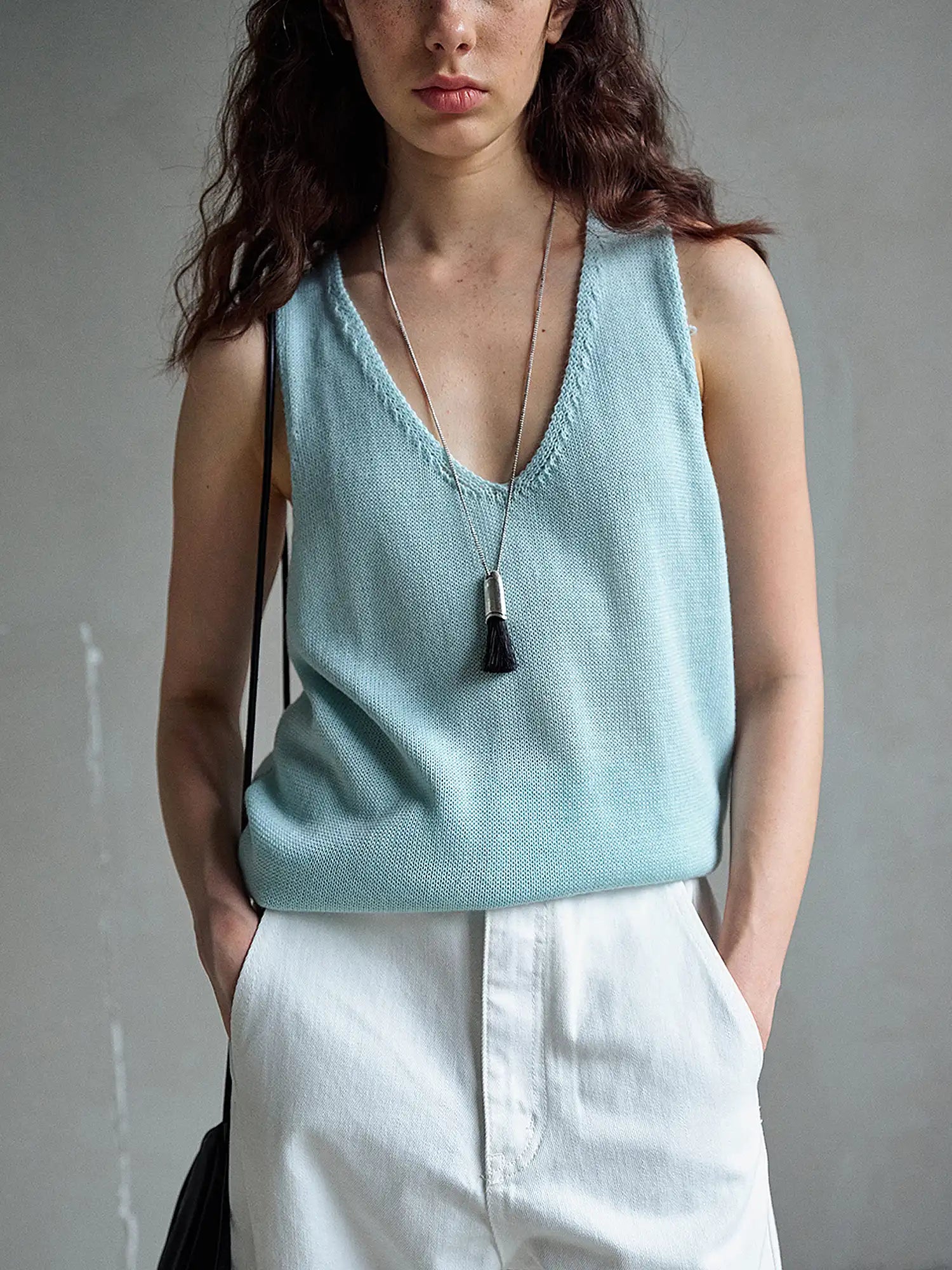 CantonCollective Design Raw Edge V-Neck Wool Blend Tank Top | Canton Collective