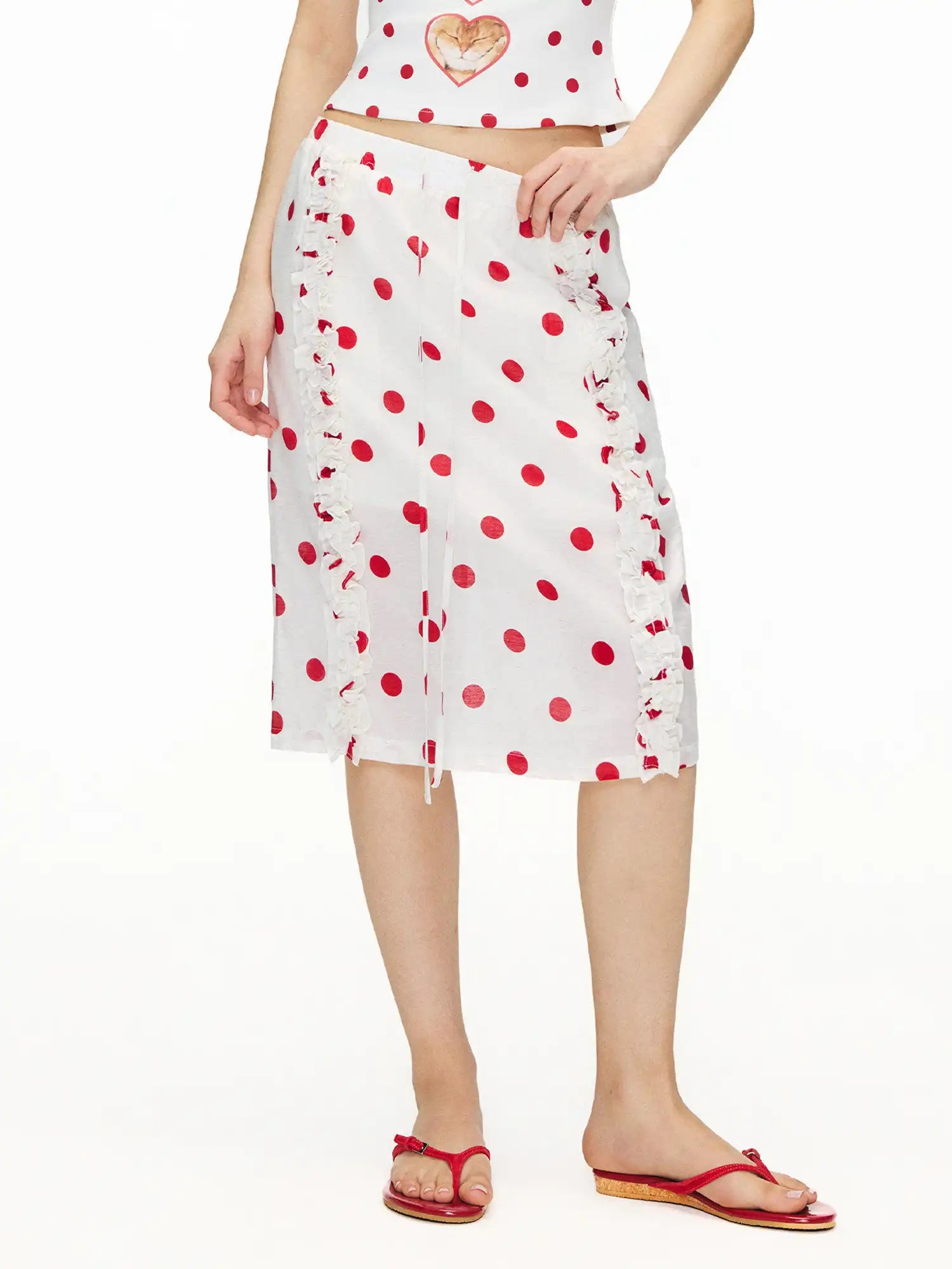 Outtheblue Red Polka Dot Ruffle Midi Skirt | Canton Collective