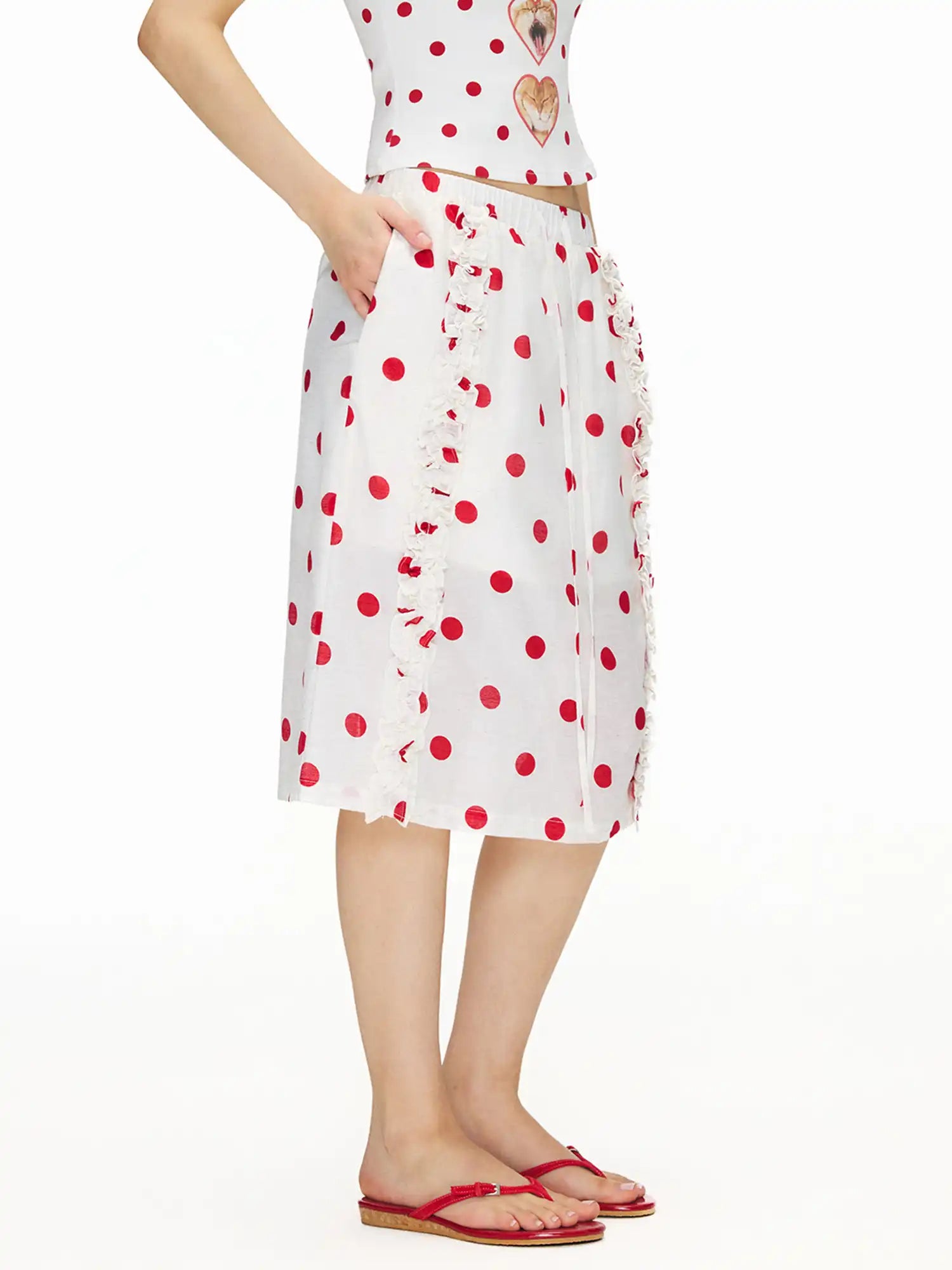 Outtheblue Red Polka Dot Ruffle Midi Skirt | Canton Collective