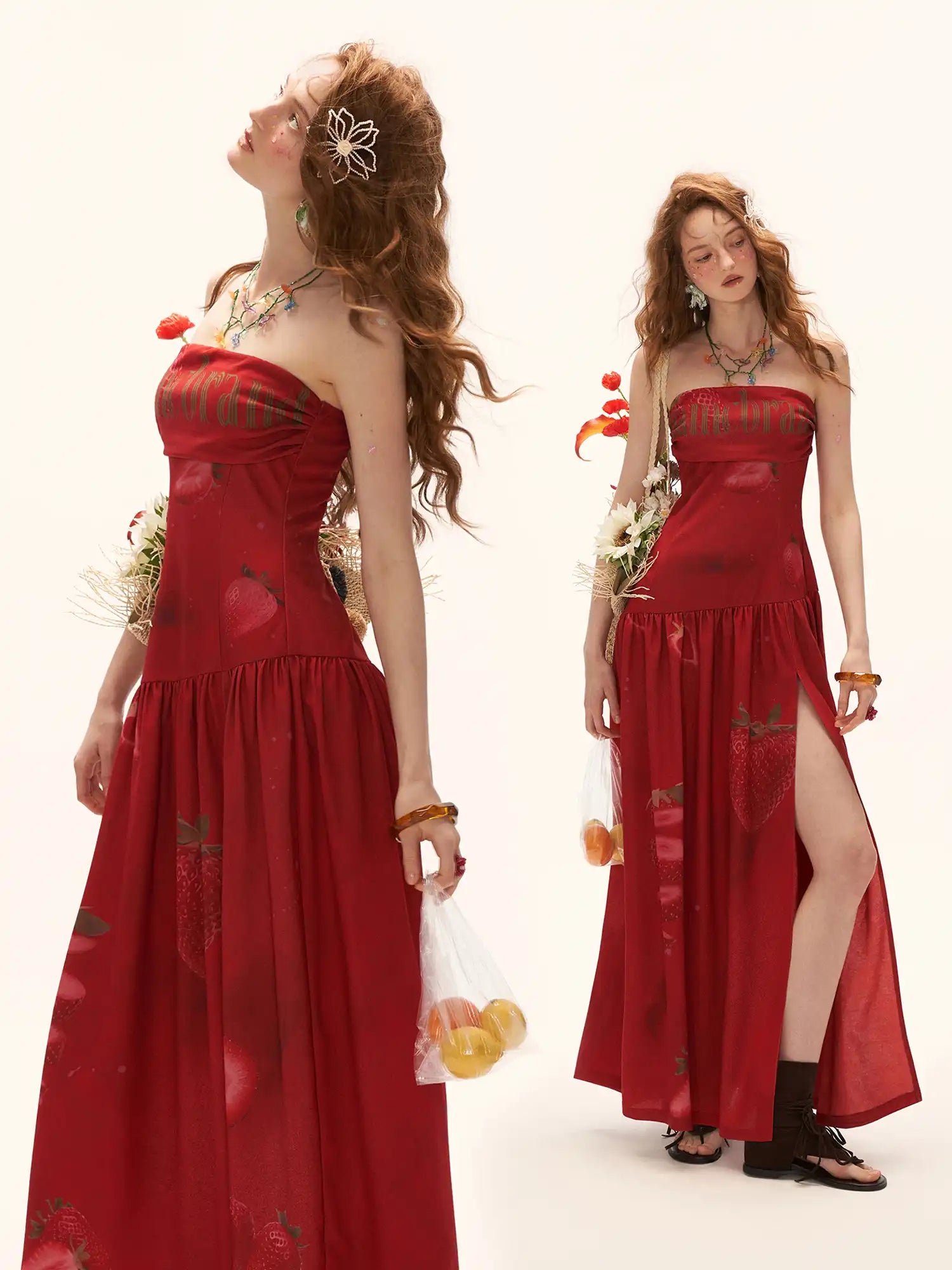 MAMC Red Strawberry High Slit Bandeau Maxi Dress | Canton Collective