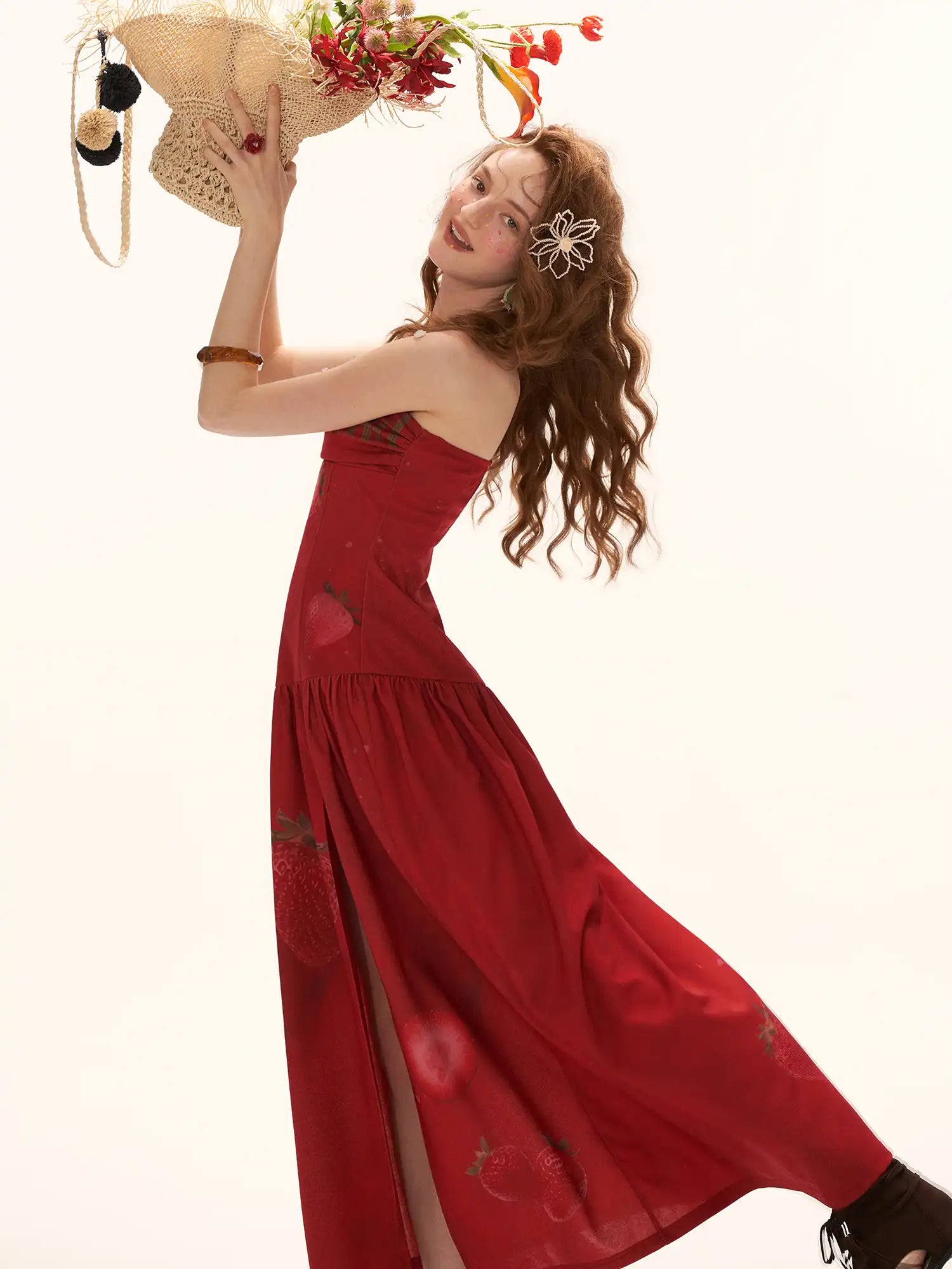 MAMC Red Strawberry High Slit Bandeau Maxi Dress | Canton Collective