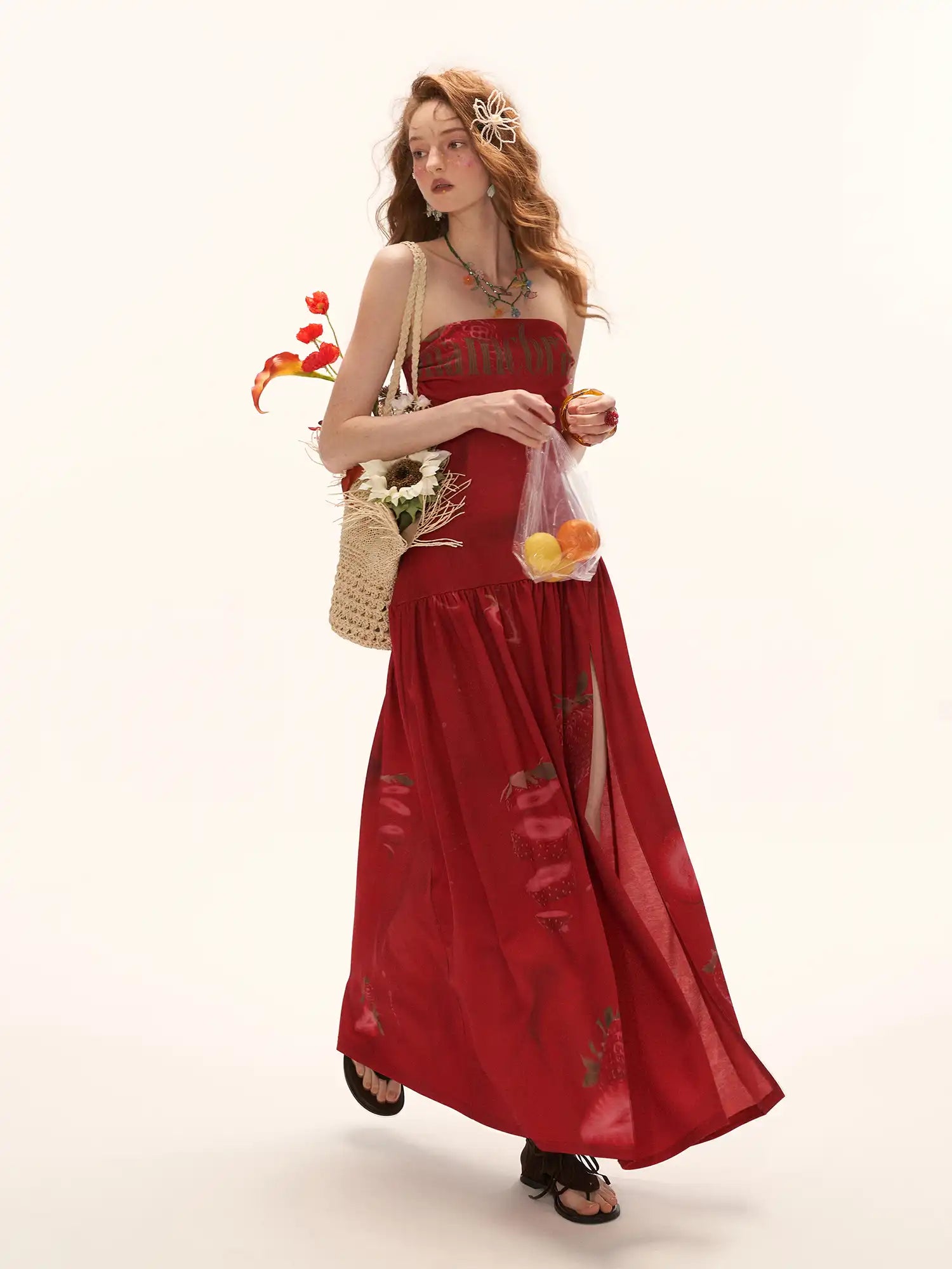 MAMC Red Strawberry High Slit Bandeau Maxi Dress | Canton Collective