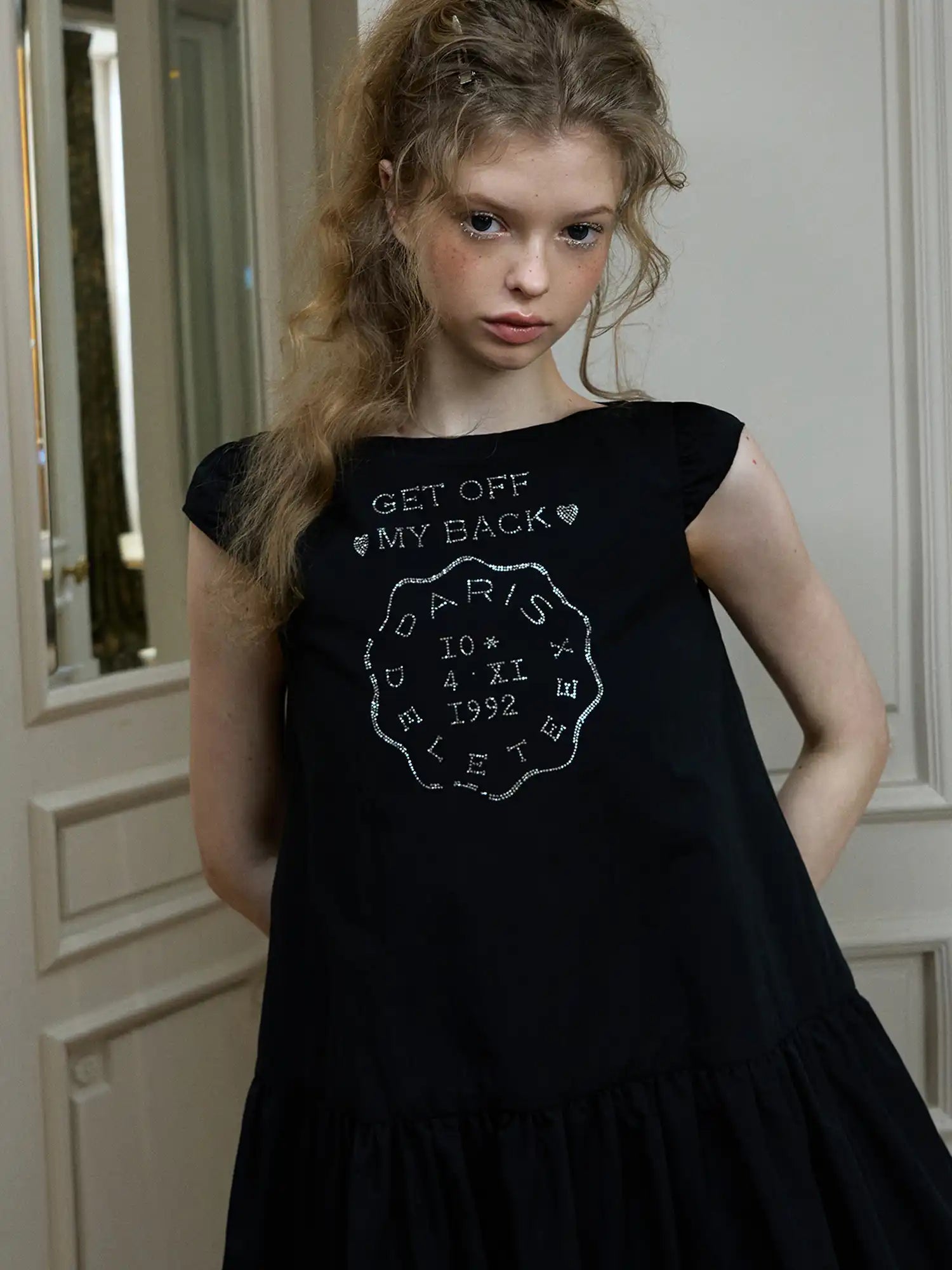 Deleteex Rhinestone Emblem Bubble Hem Cap Sleeves Mini Dress | Canton Collective