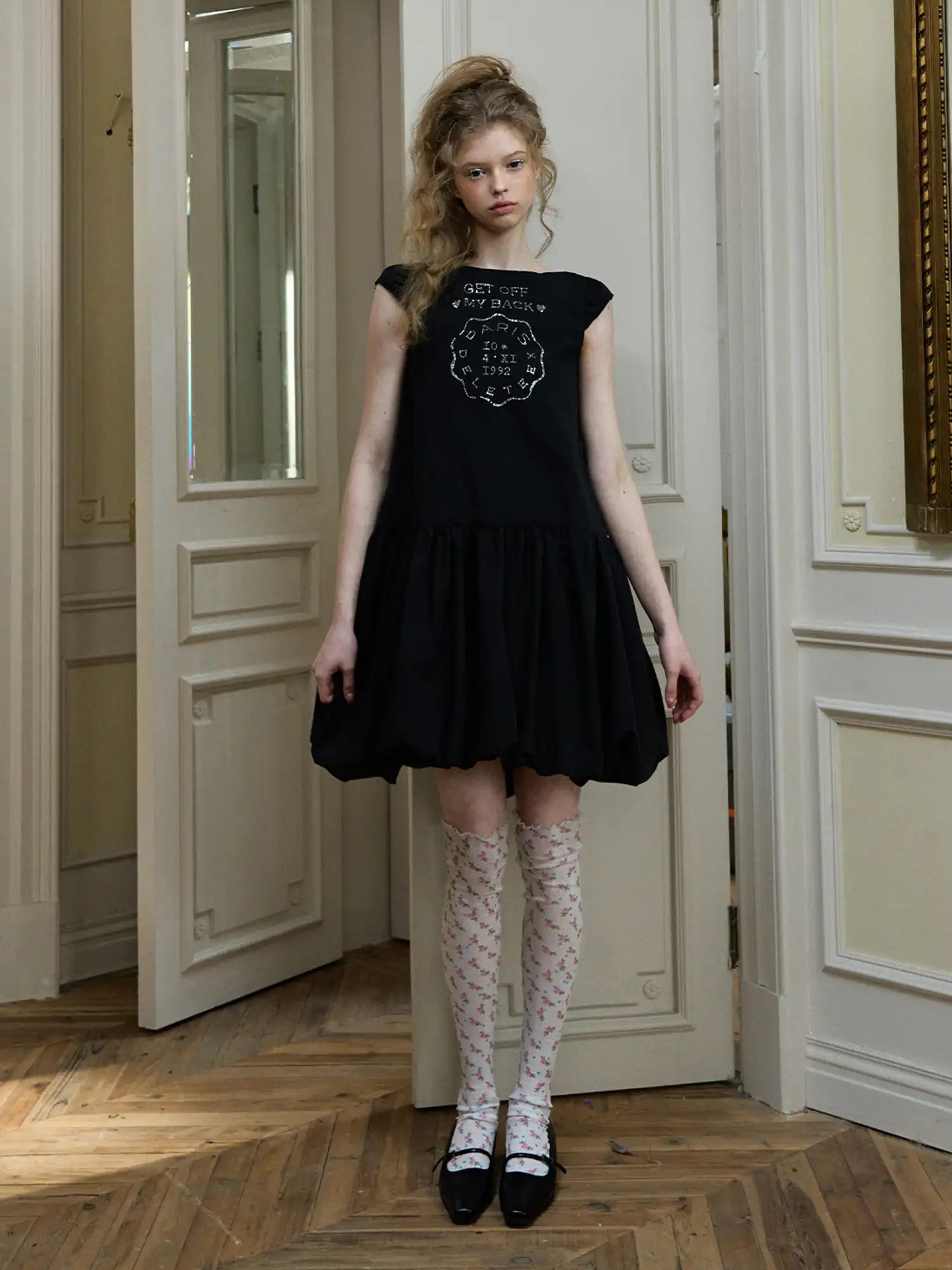 Deleteex Rhinestone Emblem Bubble Hem Cap Sleeves Mini Dress | Canton Collective