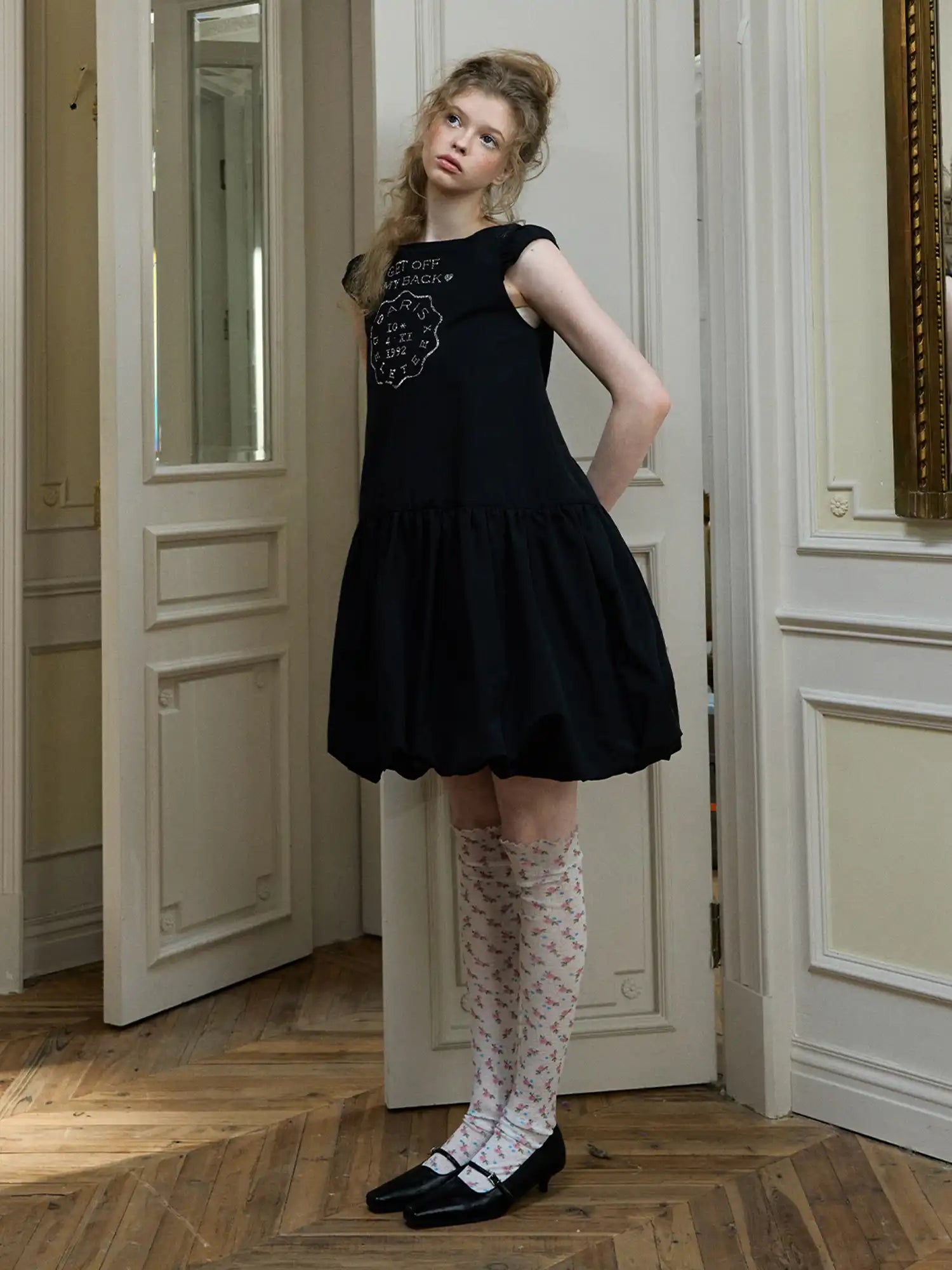 Deleteex Rhinestone Emblem Bubble Hem Cap Sleeves Mini Dress | Canton Collective