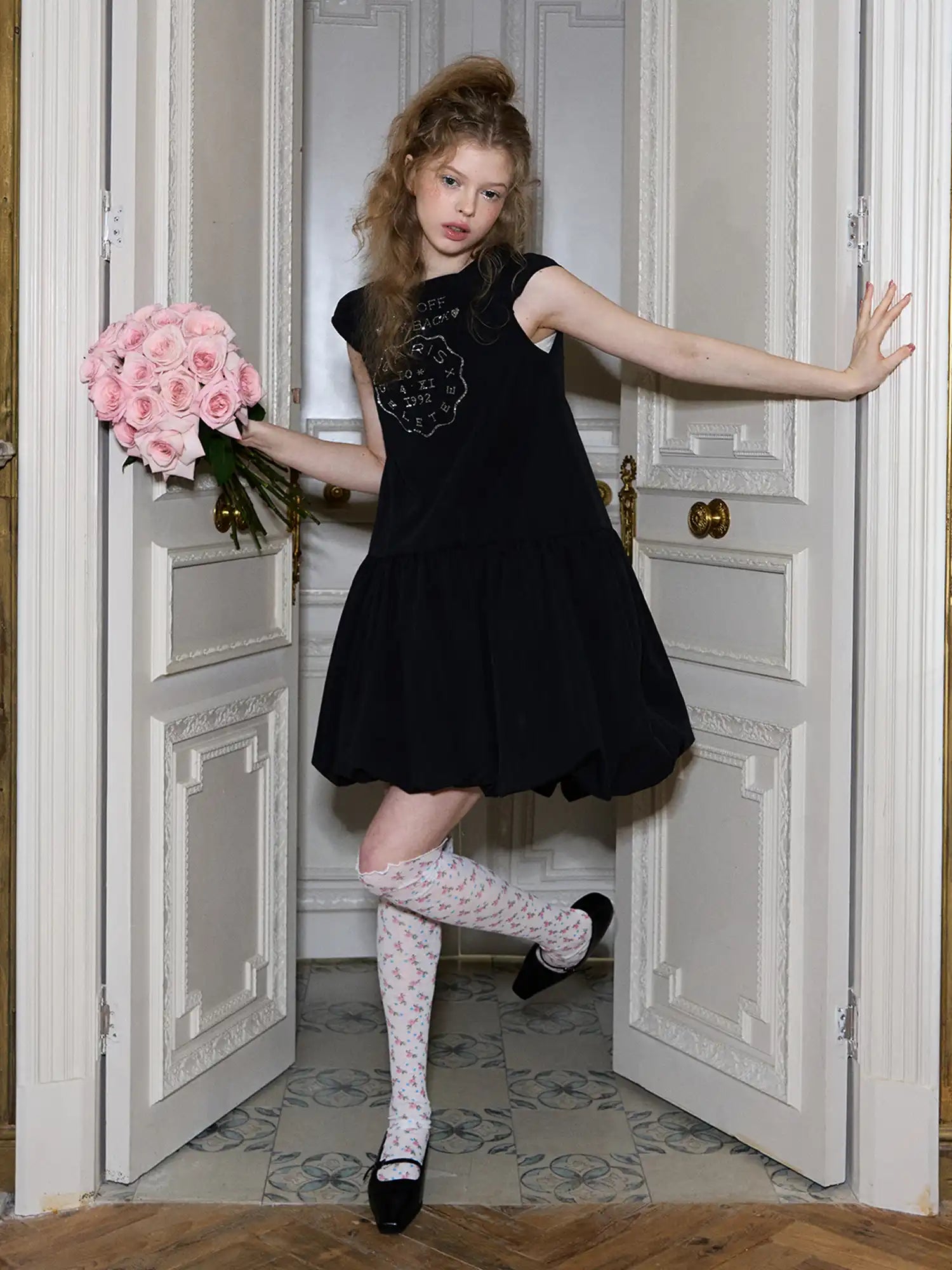 Deleteex Rhinestone Emblem Bubble Hem Cap Sleeves Mini Dress | Canton Collective